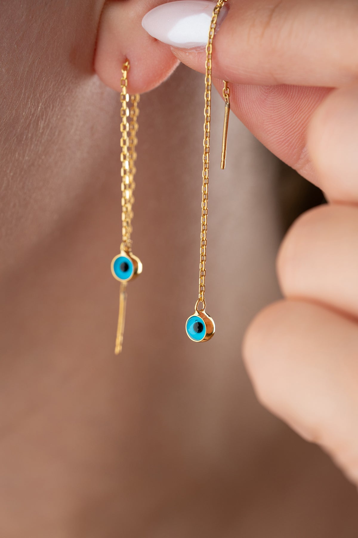Evil Eye Threader Chain Earrings