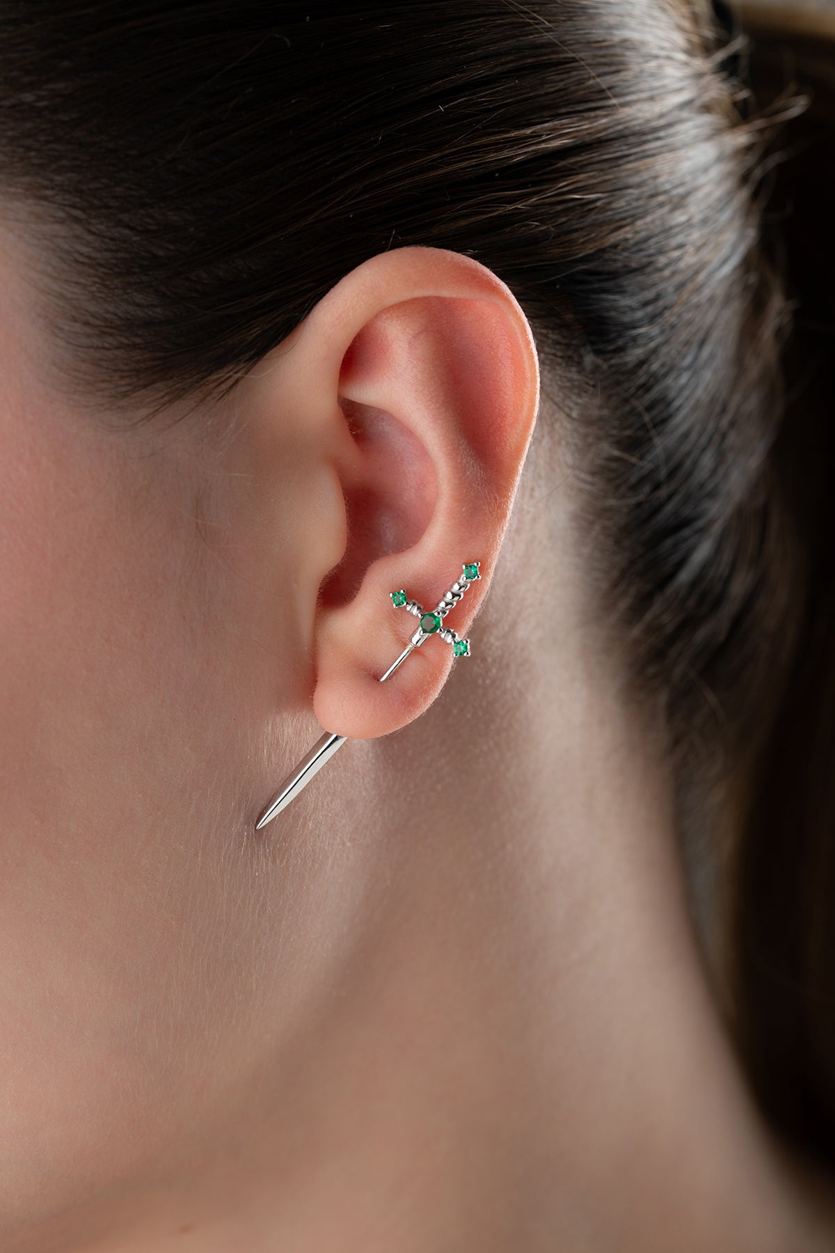 Emerald Green Sword Stud Earrings in Gold