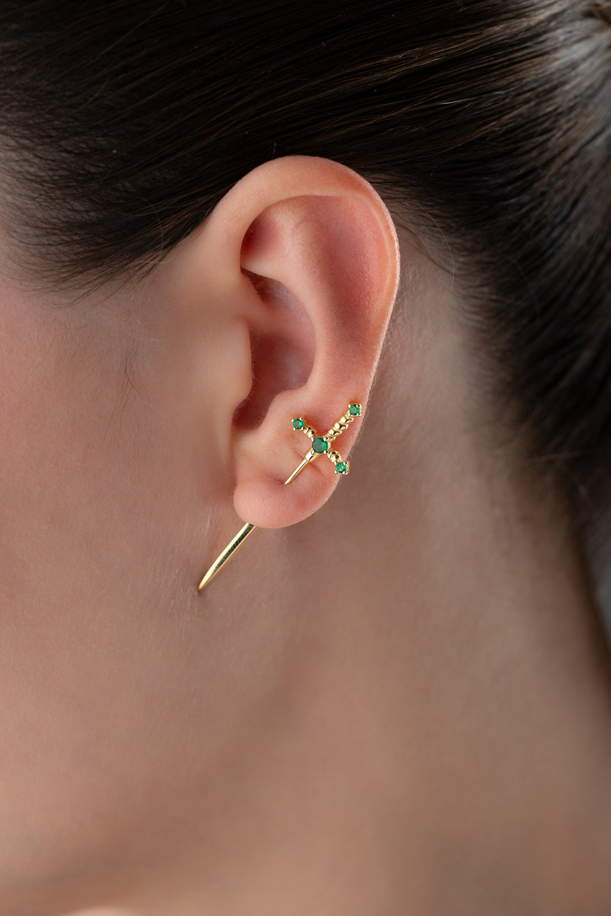Emerald Green Sword Stud Earrings in Gold