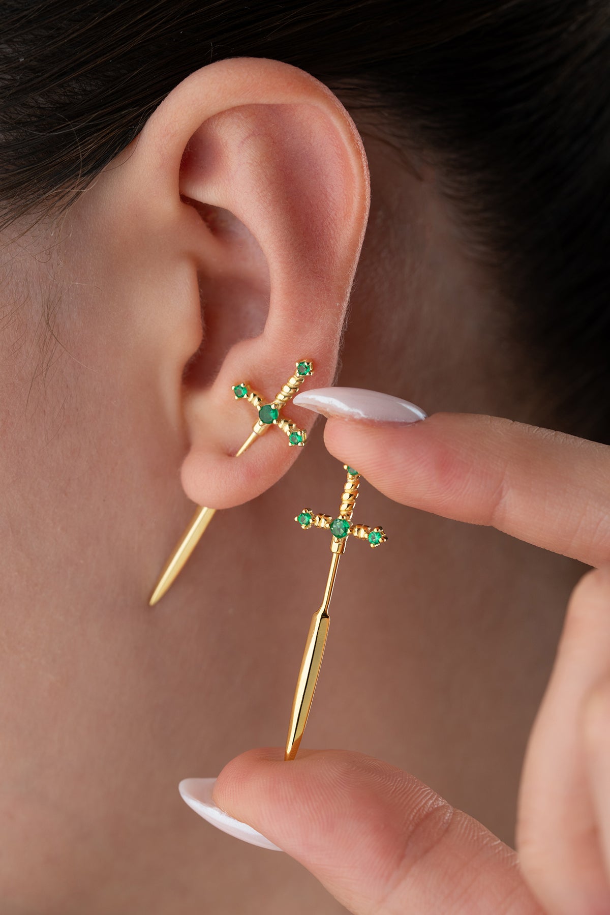 Emerald Green Sword Stud Earrings in Gold