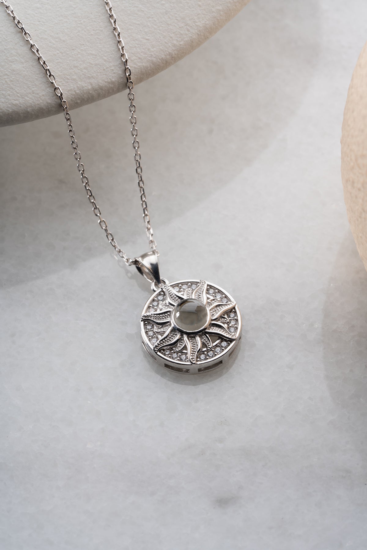 Sun Medallion Necklace with Black Stone