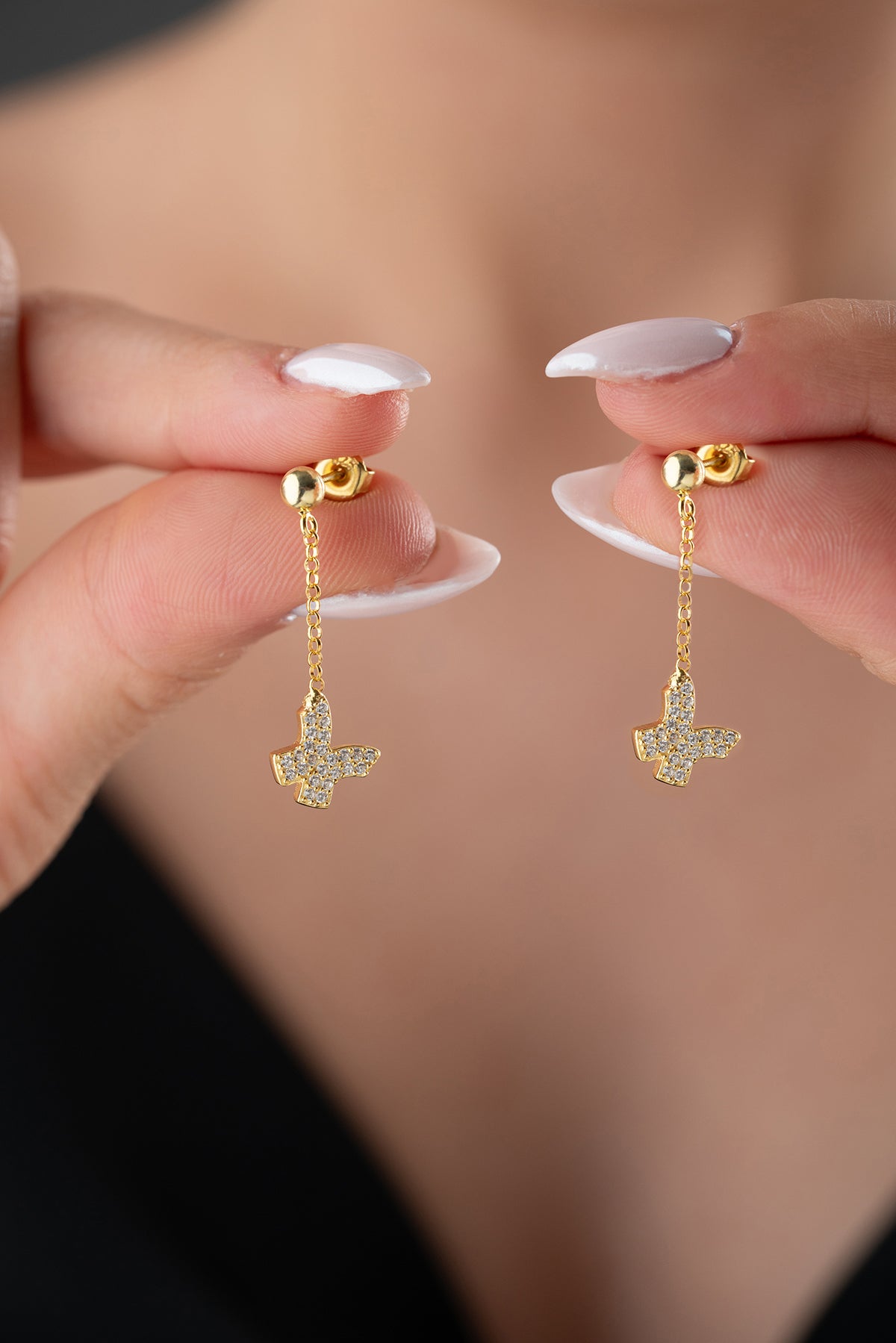 Pave Butterfly Chain Drop Earrings