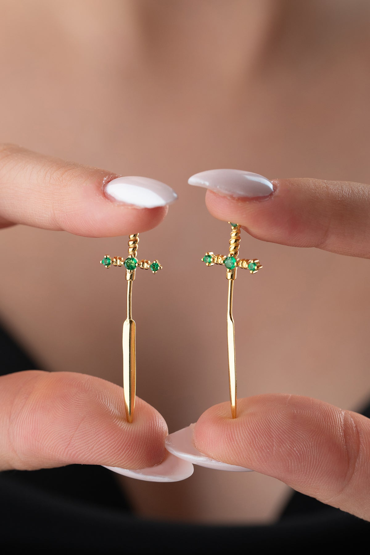 Emerald Green Sword Stud Earrings in Gold