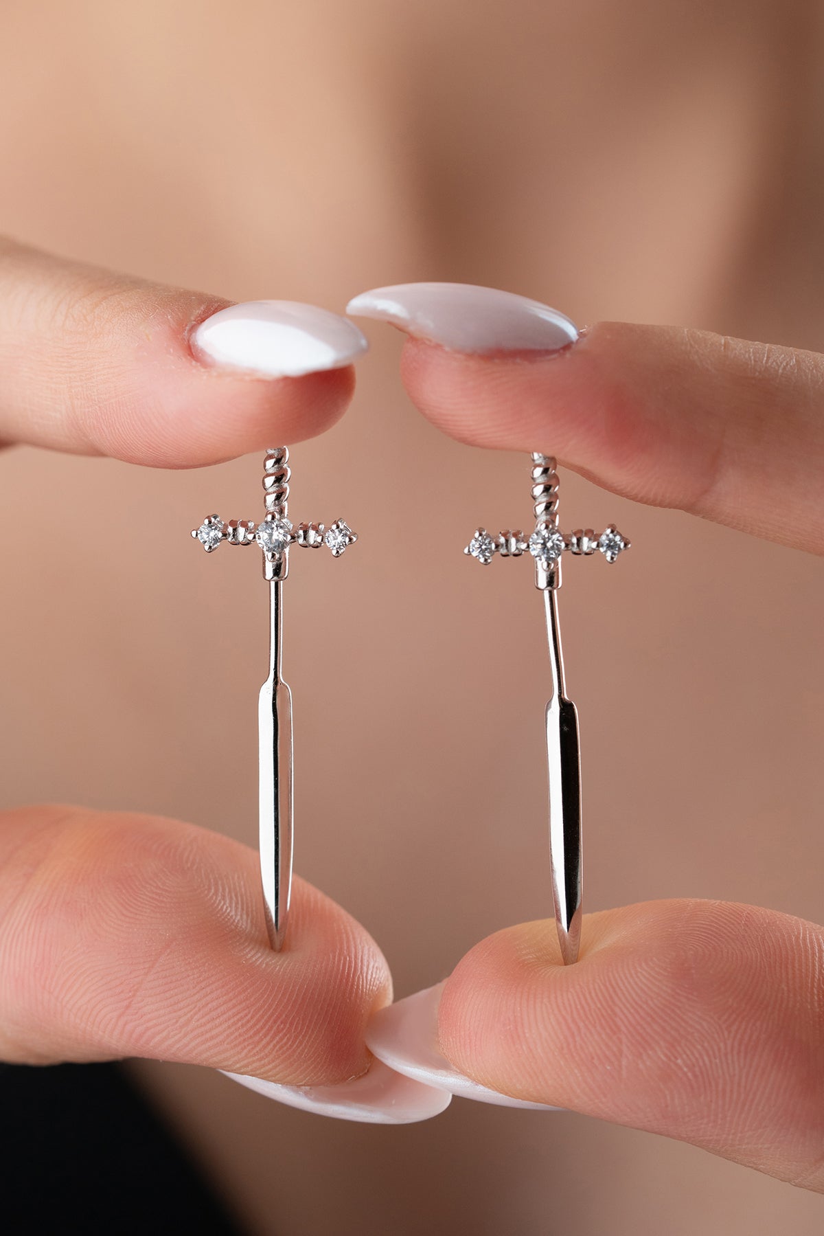 Crystal Sword Stud Earrings in Silver