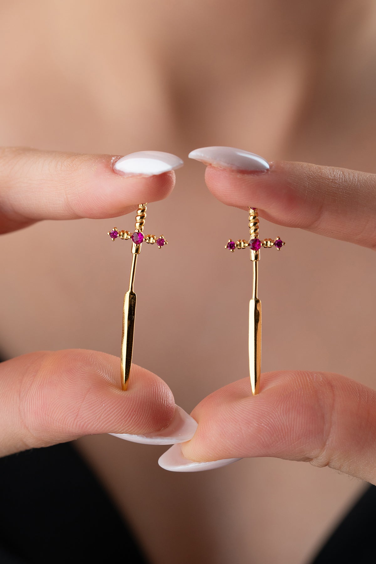 Sword Cross Drop Stud Earrings Gold