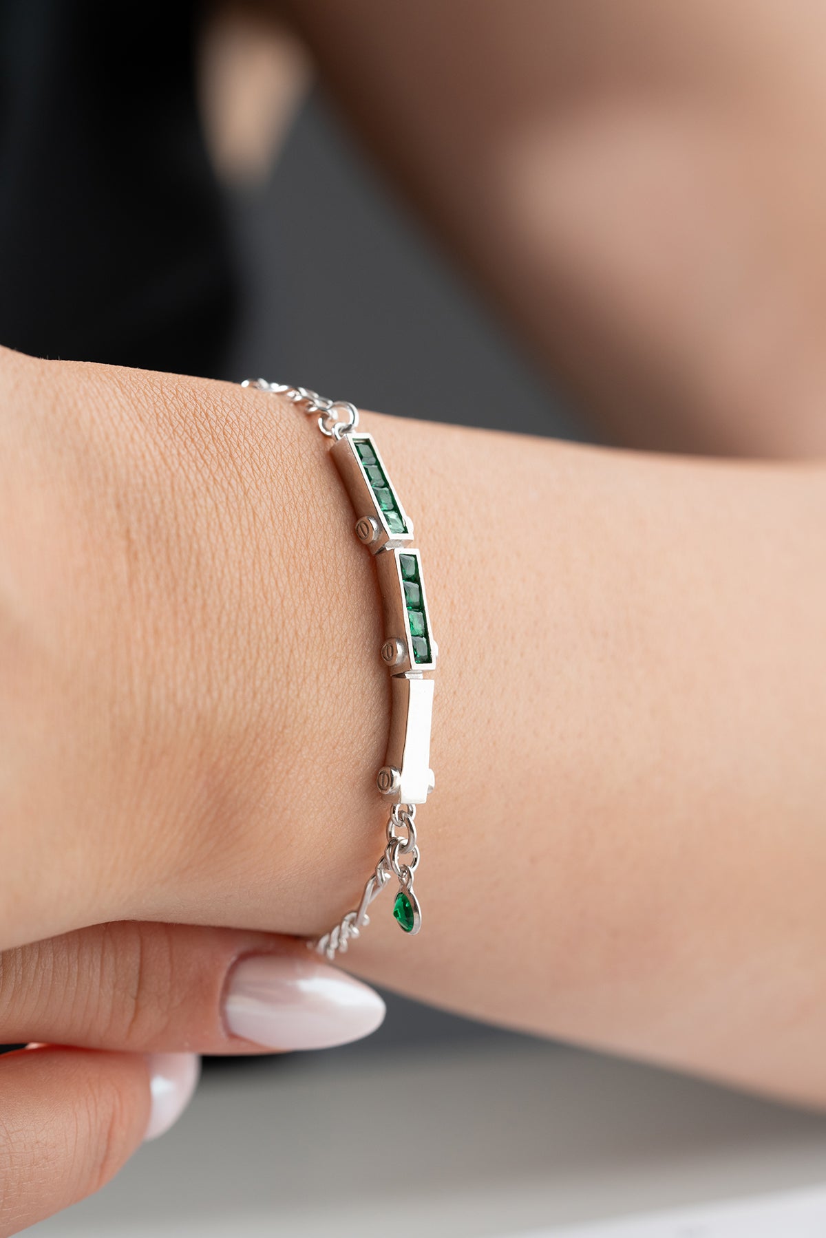 Green Stone Bar Bracelet in Silver