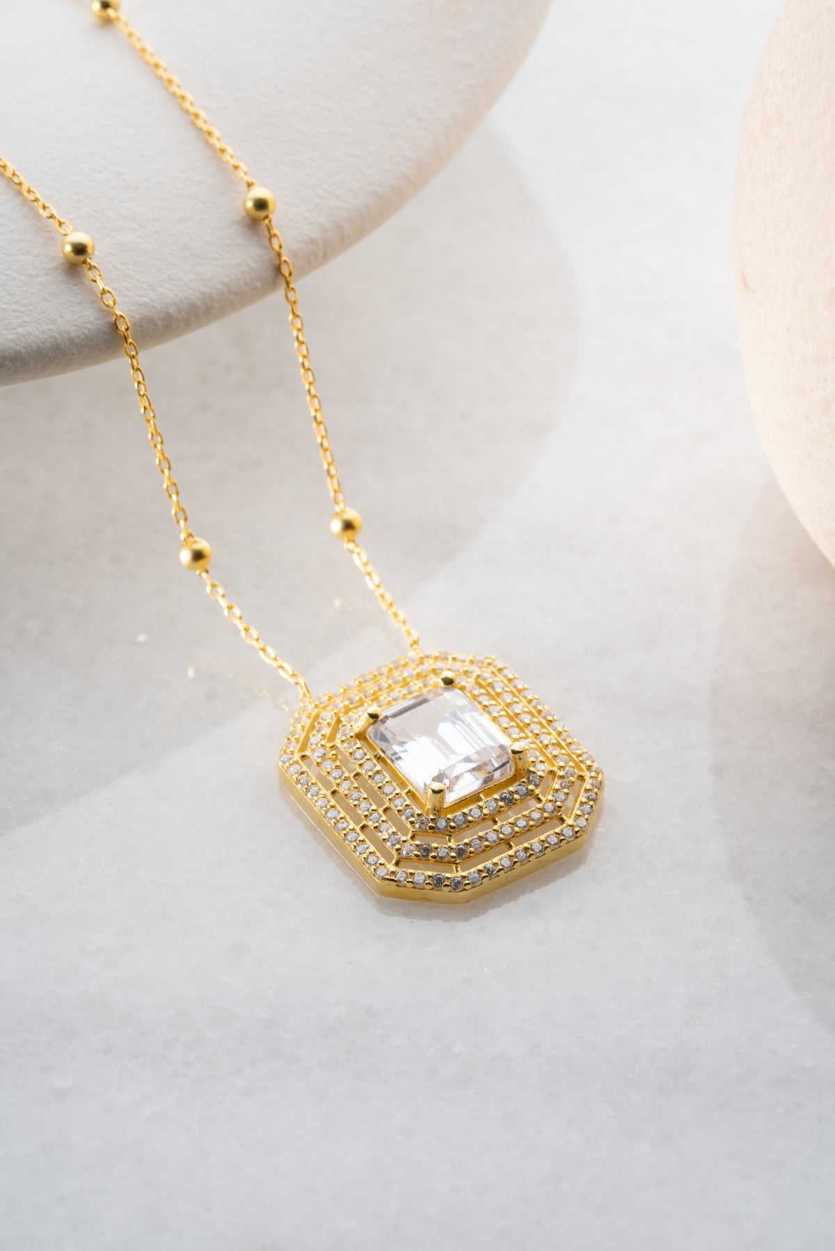 Emerald Cut Halo Pendant Necklace