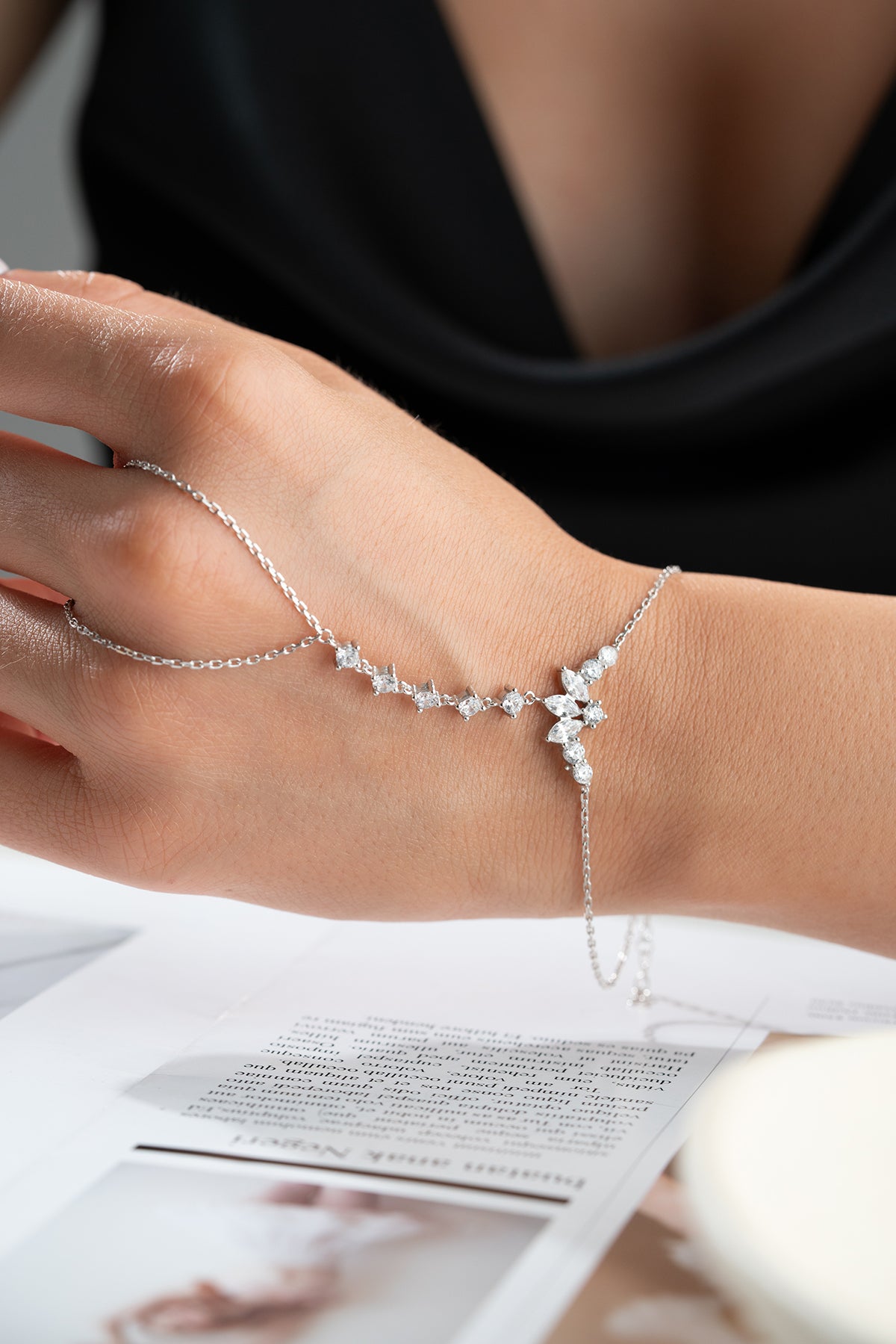 Silver Crystal Cluster Hand Chain Bracelet