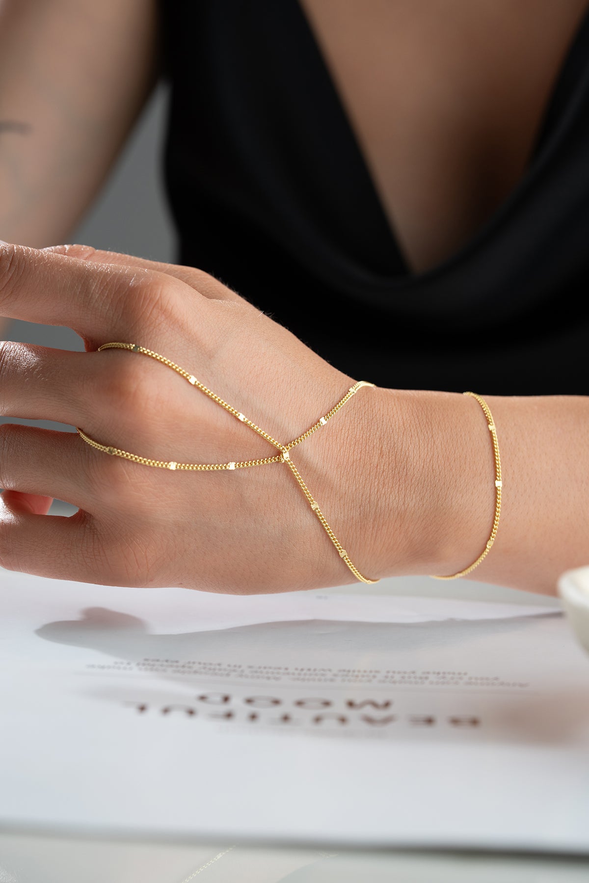 Gold Beaded Chain Hand Bracelet