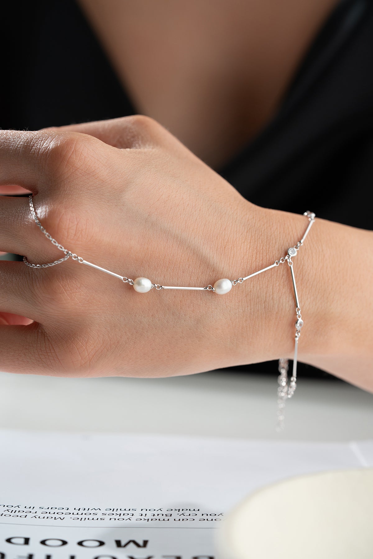 Pearl Bar Hand Chain Bracelet in Silver