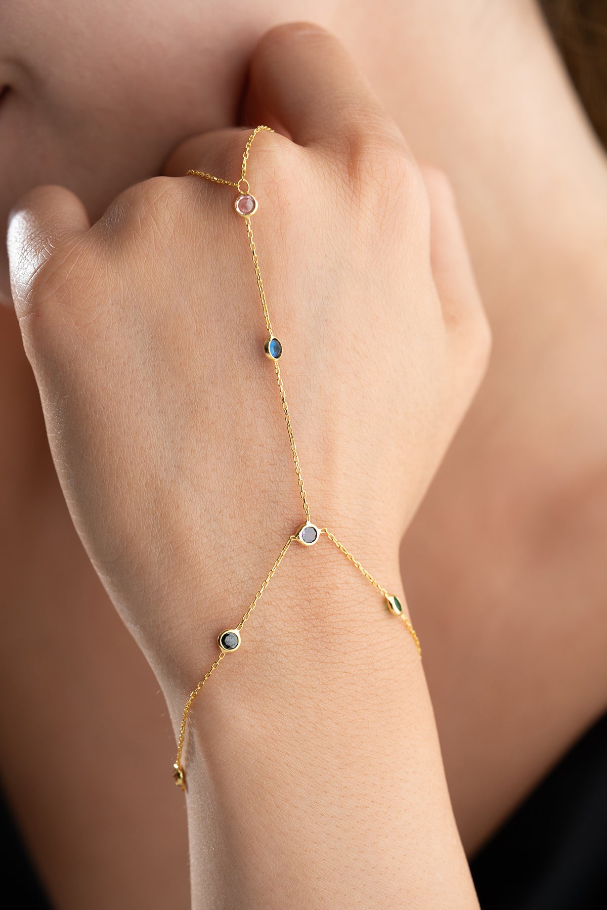 Rainbow Gemstone Gold Hand Chain Bracelet