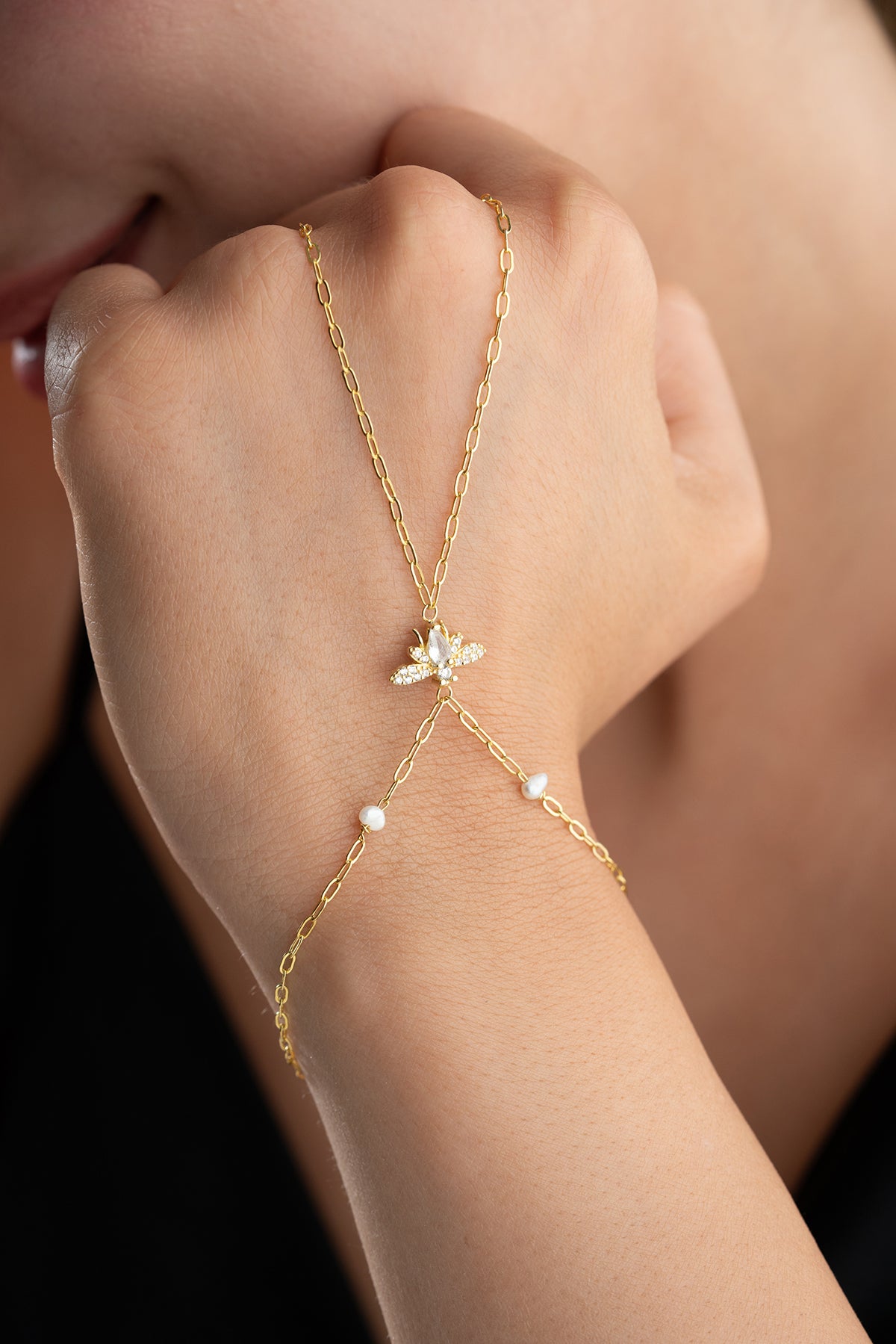 Pearl and Pave Bee Hand Chain