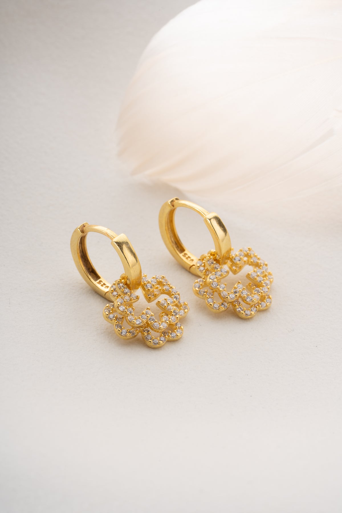 Pave Flower Charm Hoop Earrings