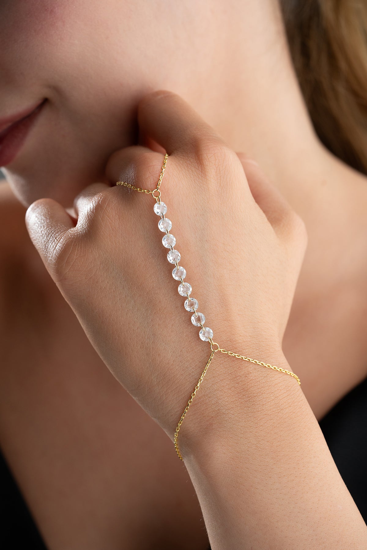 Gold Crystal Bead Hand Chain Bracelet