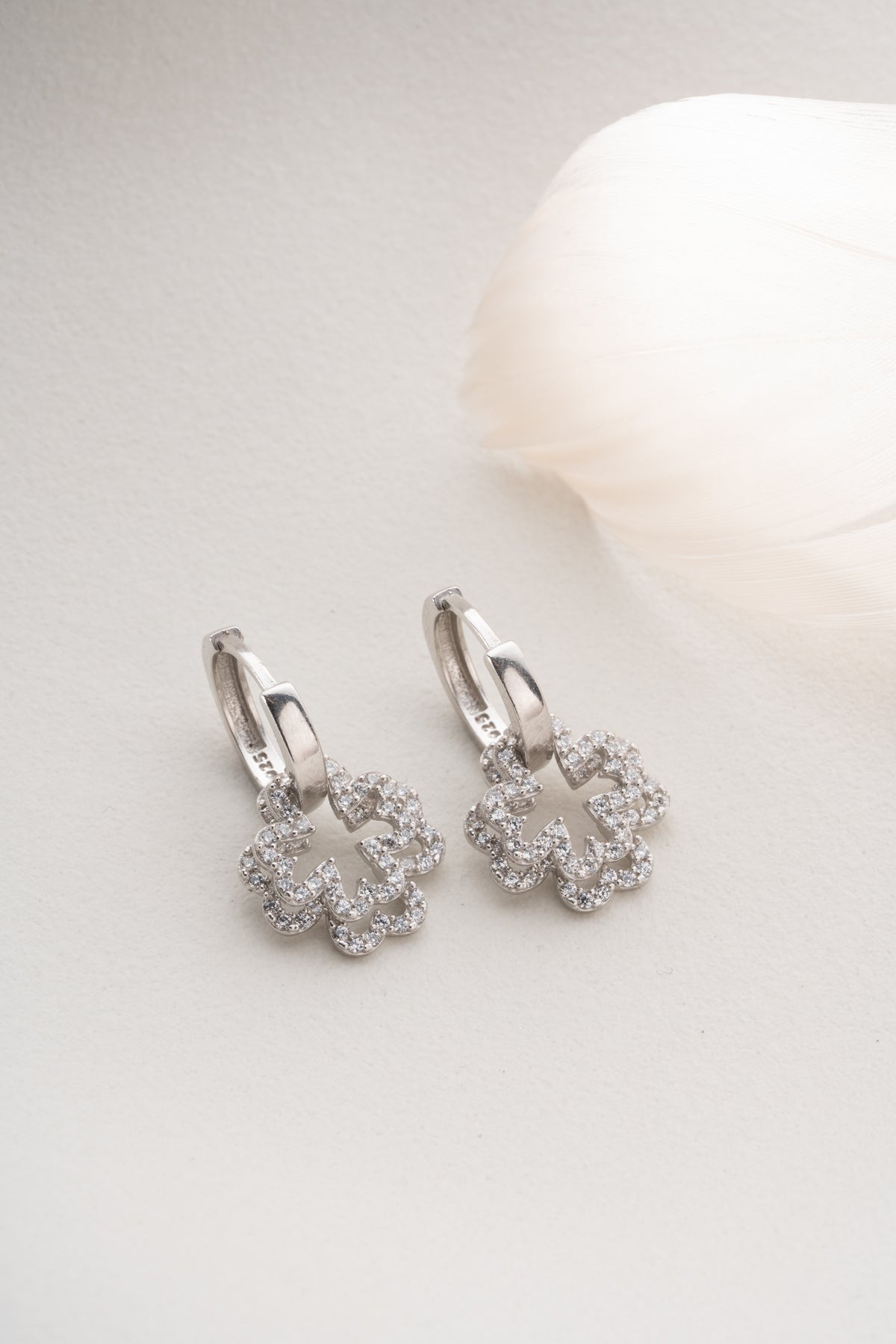 Pave Flower Charm Hoop Earrings