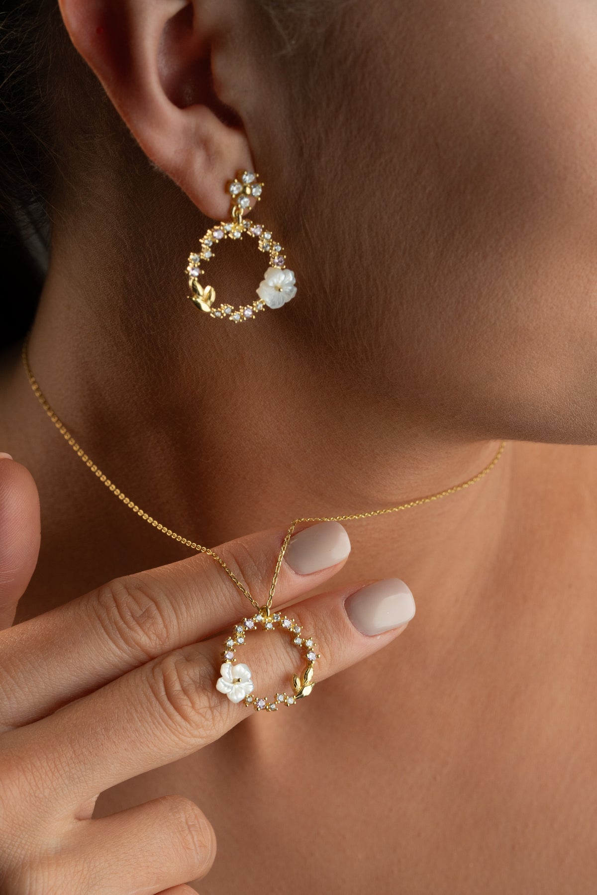 Pink Crystal Flower Wreath Jewelry Set