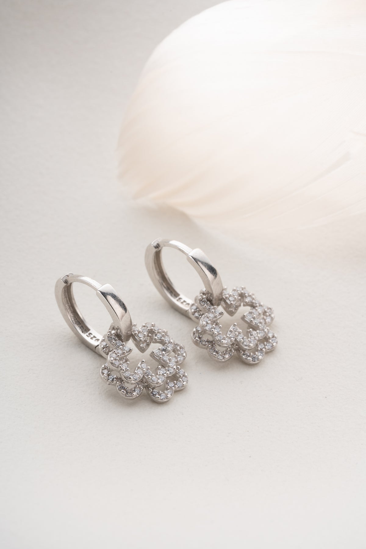Pave Flower Charm Hoop Earrings