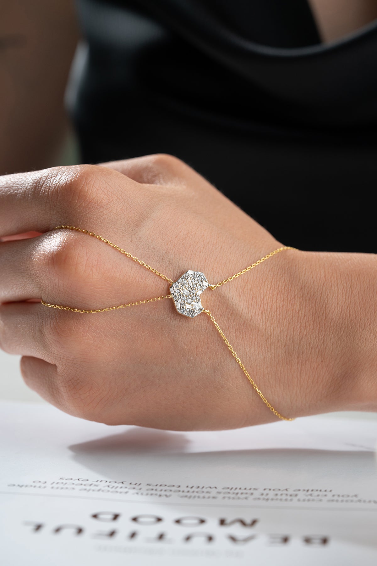 Pave Crystal Heart Hand Chain Bracelet