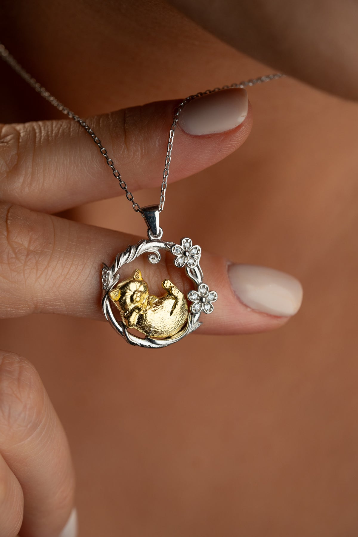 Two Tone Sleeping Cat Pendant Necklace