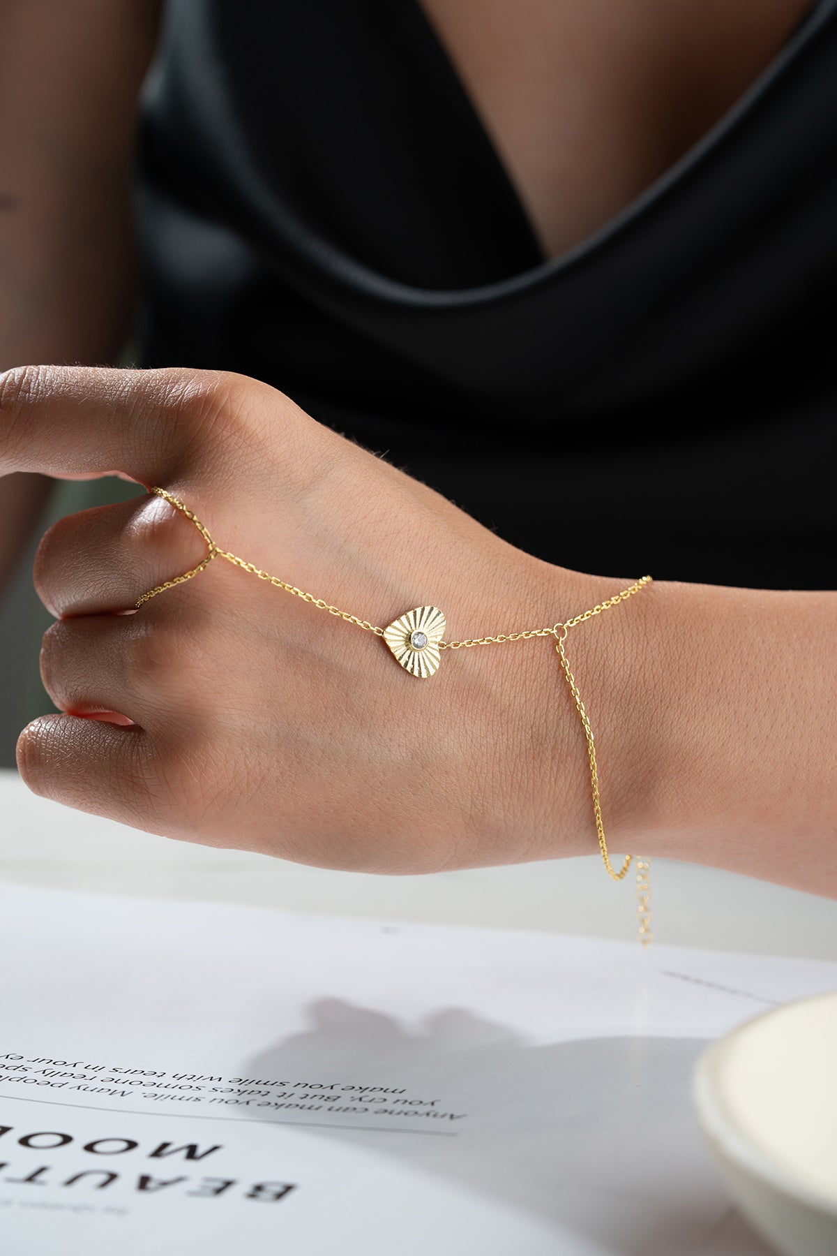 Gold Heart Charm Hand Chain Bracelet