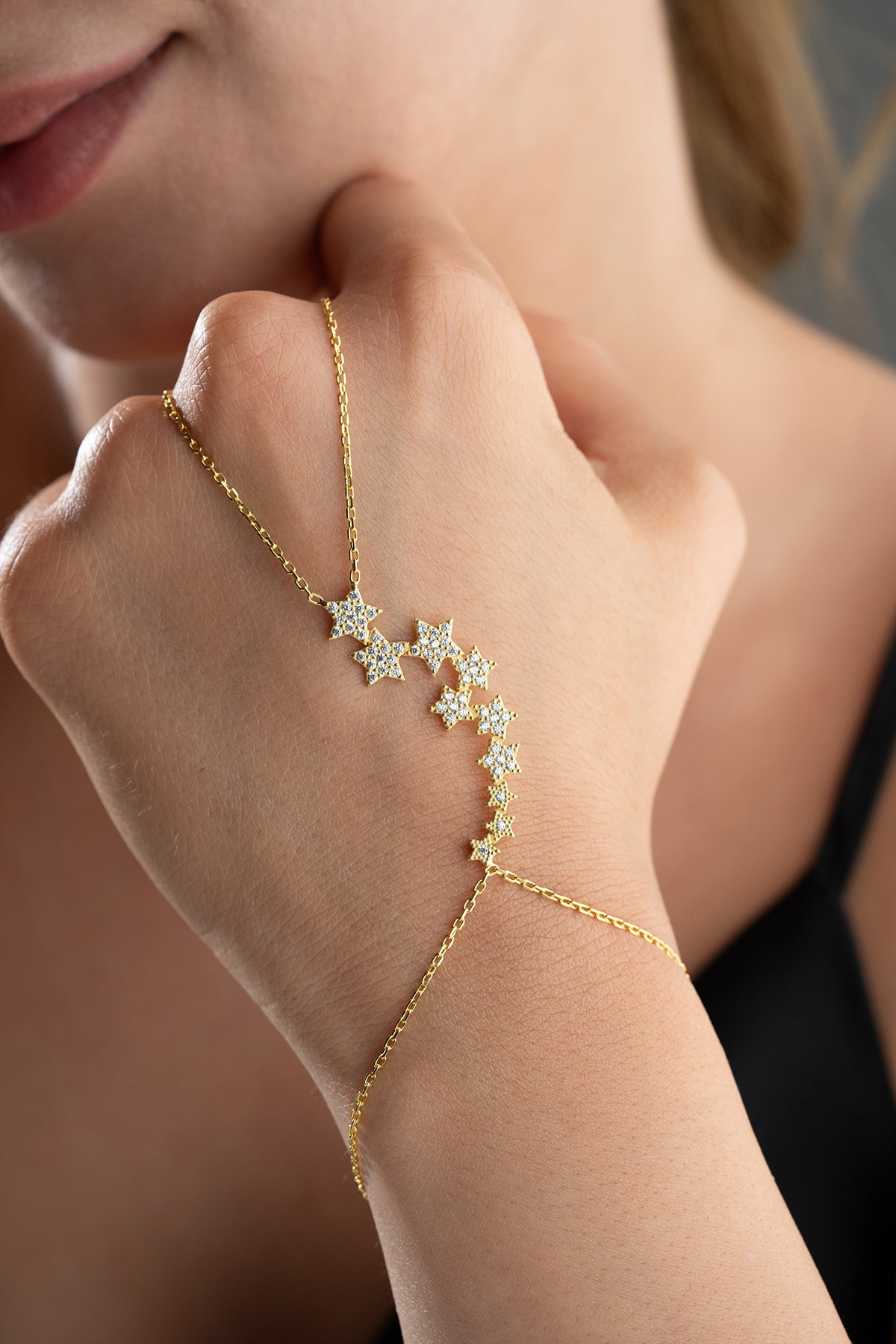 Cascading Star Gold Hand Chain Bracelet