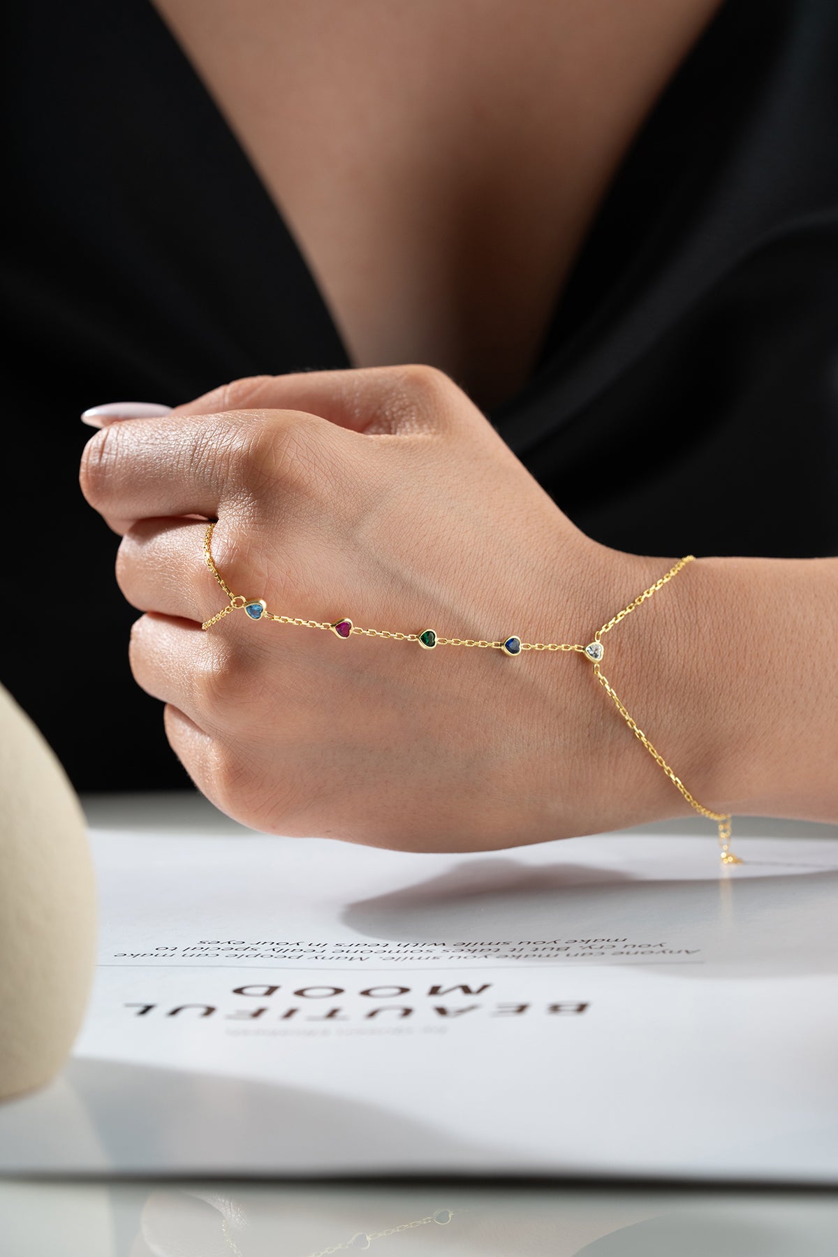 Rainbow Heart Crystal Hand Chain Bracelet