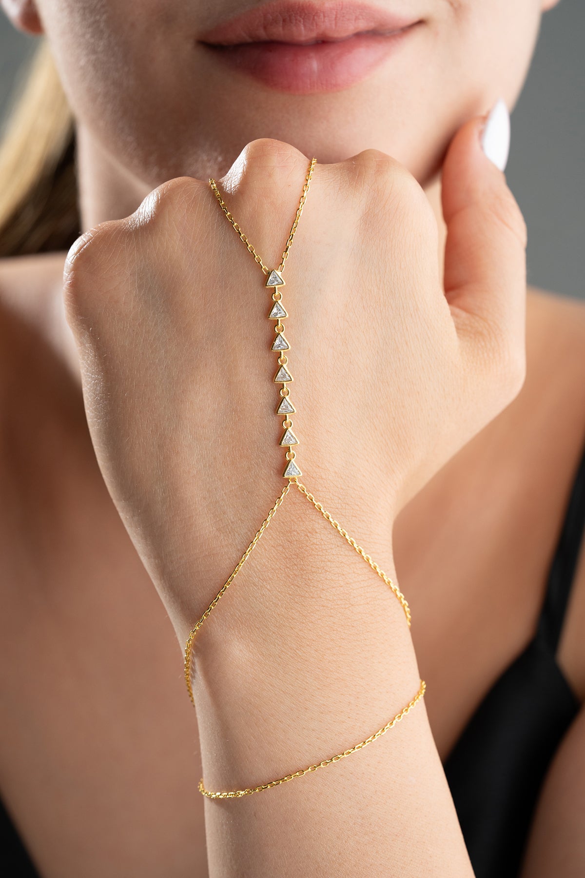Triangle Crystal Hand Chain Bracelet in Gold