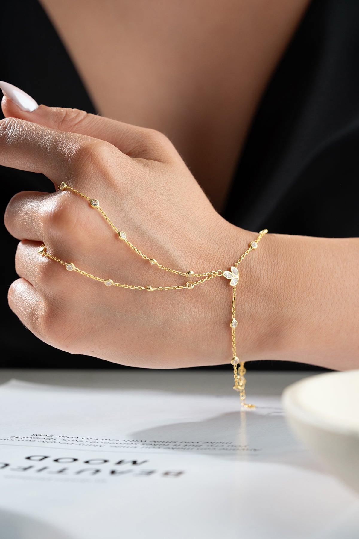 Marquise Cluster Gold Hand Chain Bracelet