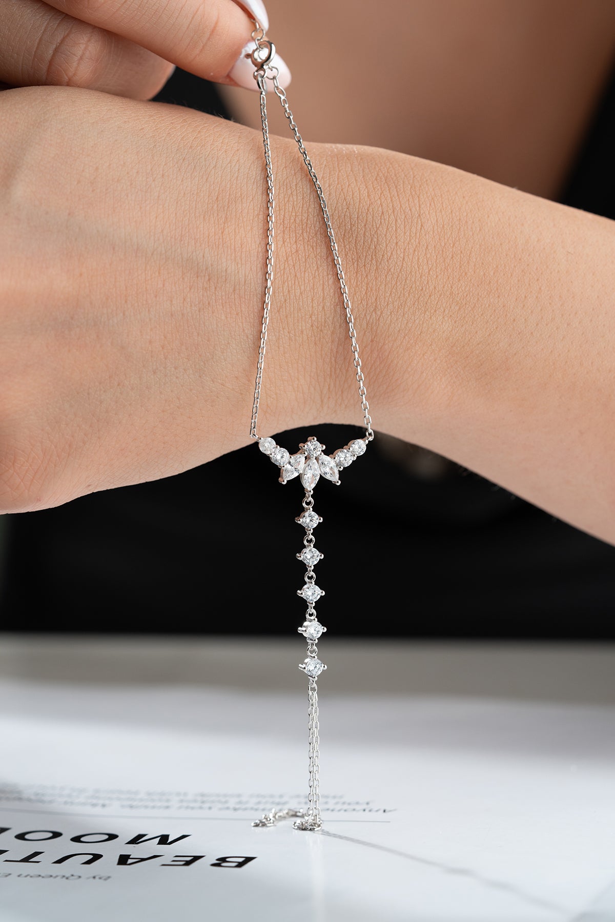 Silver Crystal Cluster Hand Chain Bracelet