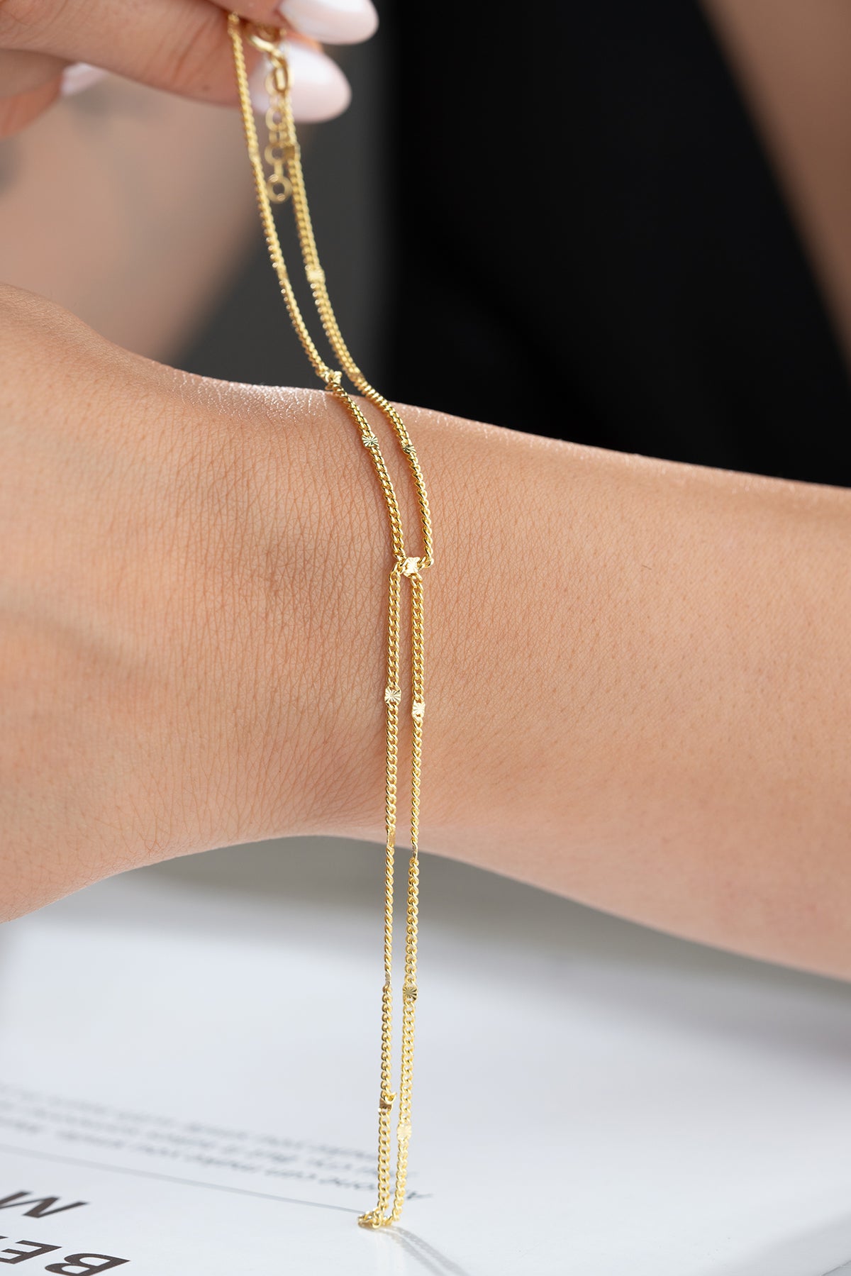 Gold Beaded Chain Hand Bracelet