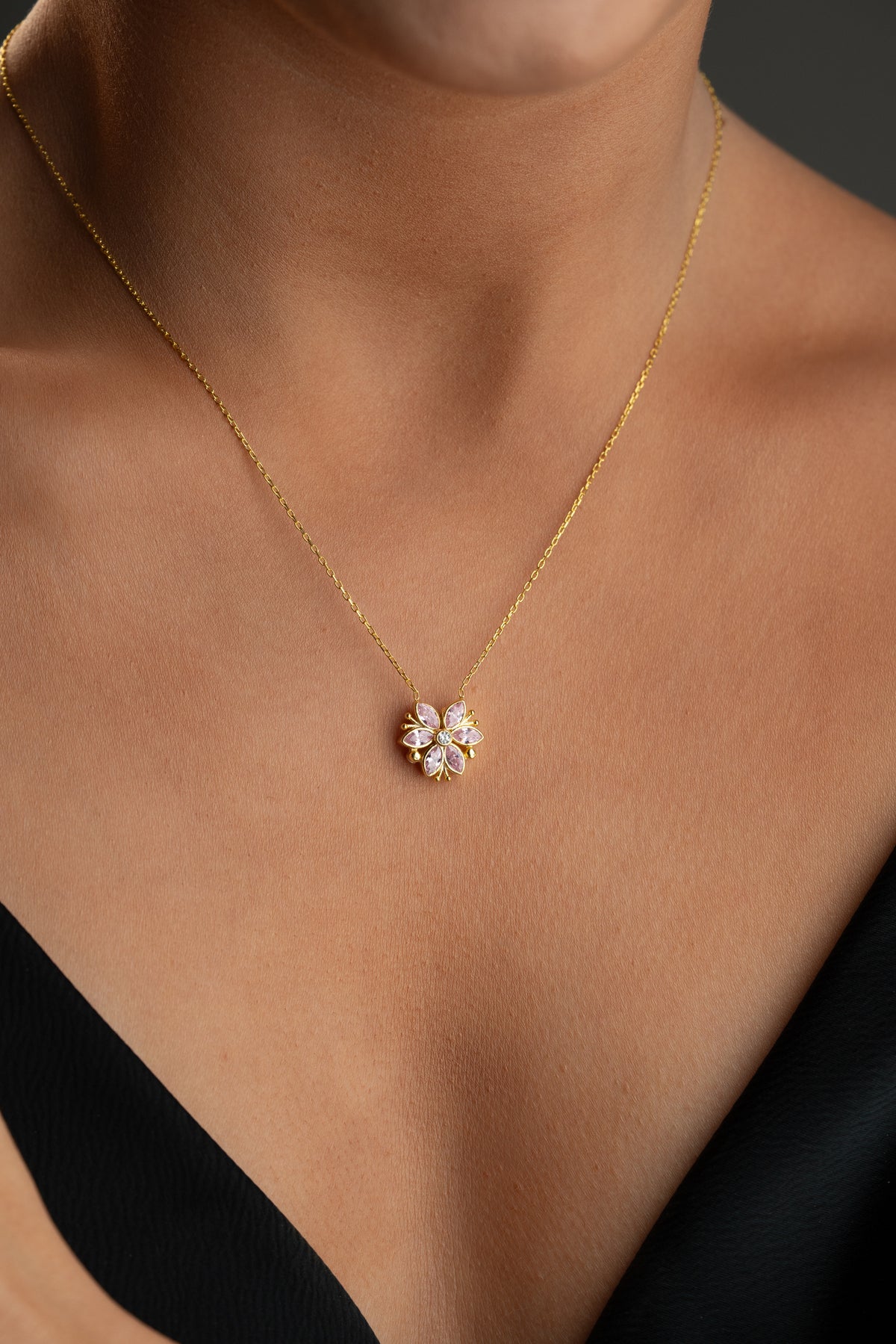 Pink Crystal Flower Pendant Necklace