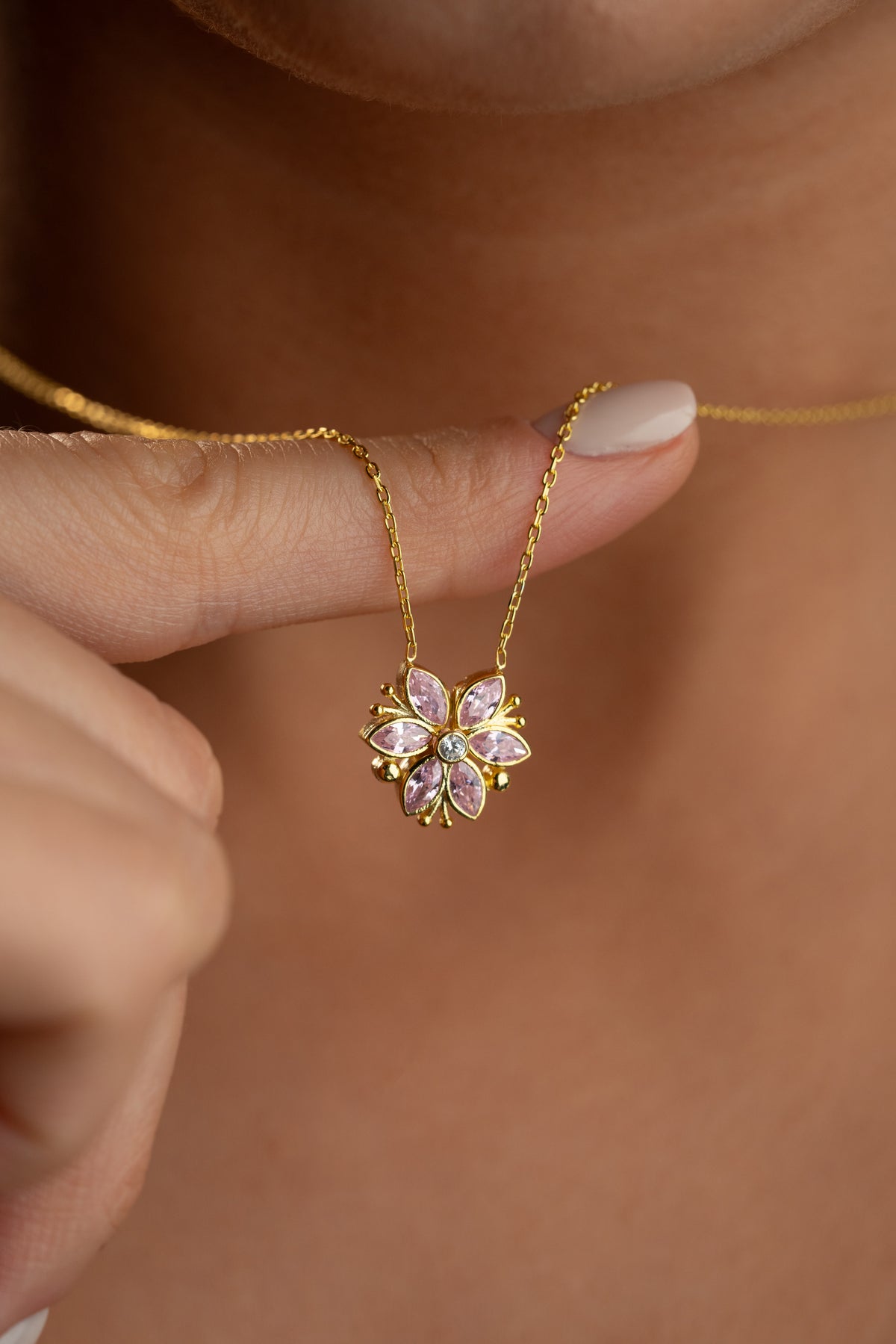 Pink Crystal Flower Pendant Necklace