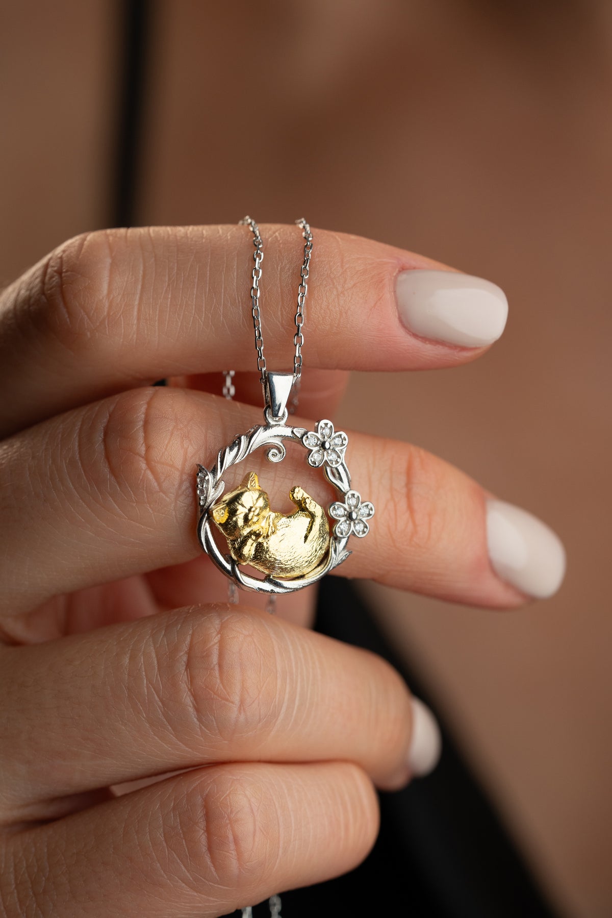 Two Tone Sleeping Cat Pendant Necklace