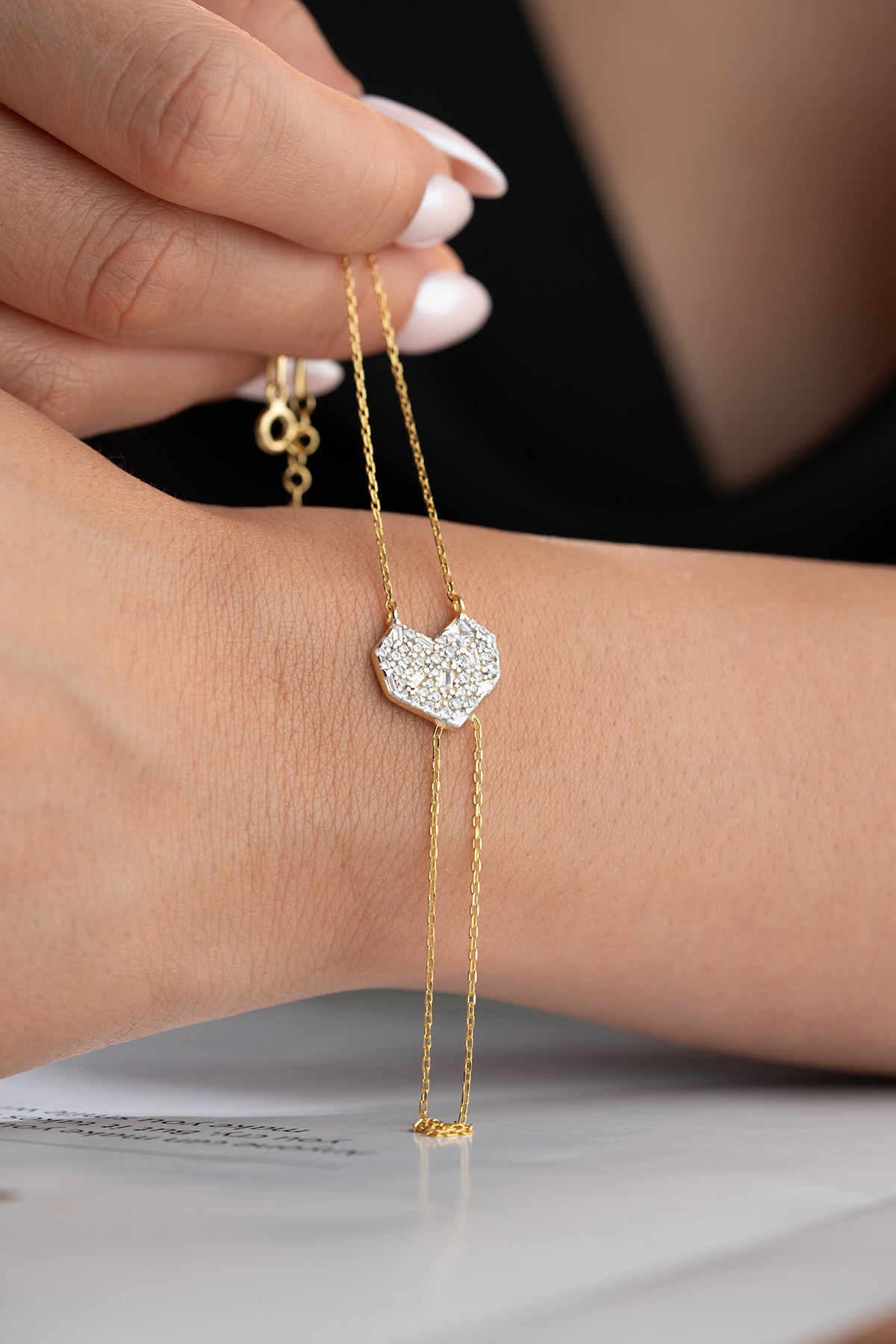 Pave Crystal Heart Hand Chain Bracelet
