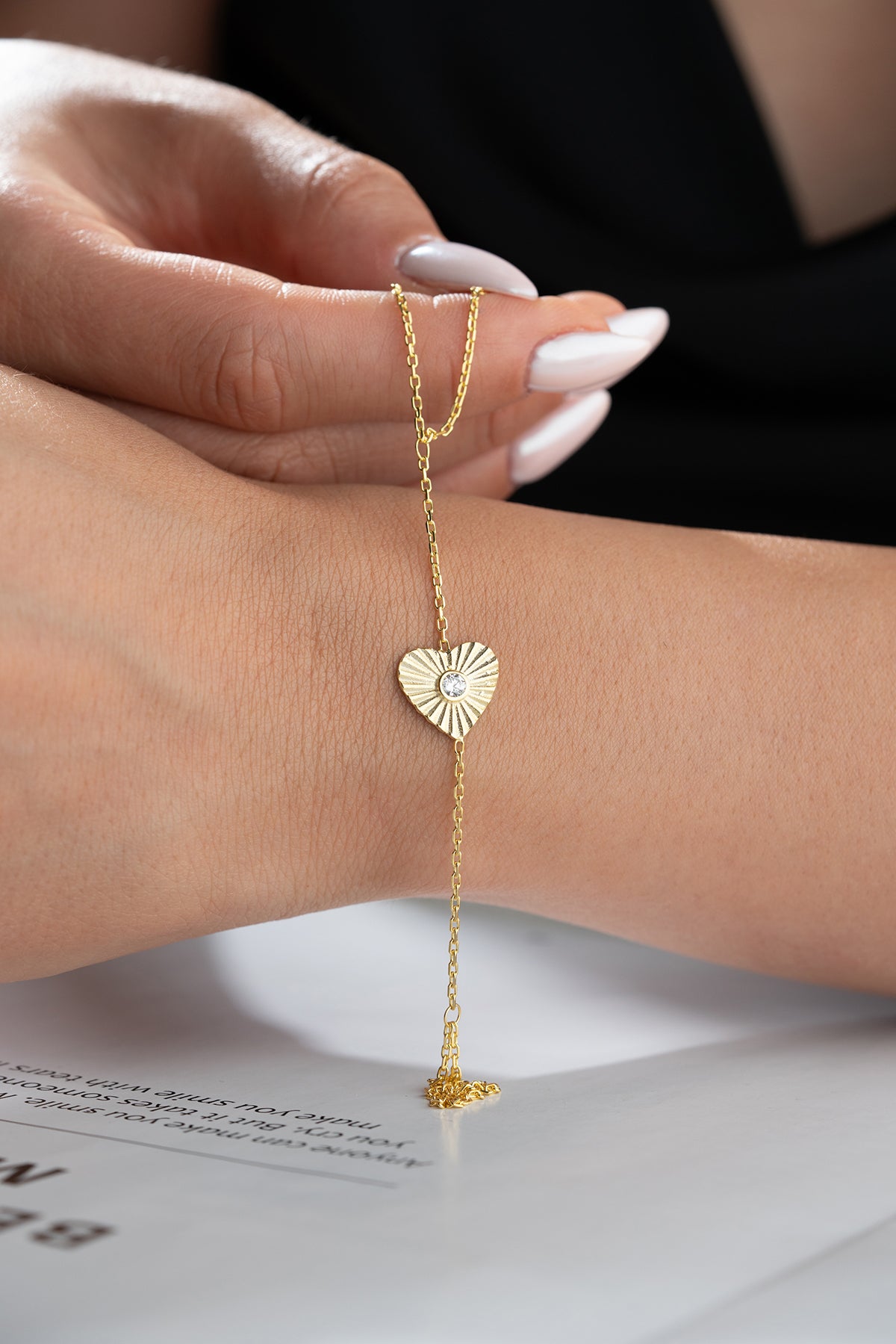 Gold Heart Charm Hand Chain Bracelet