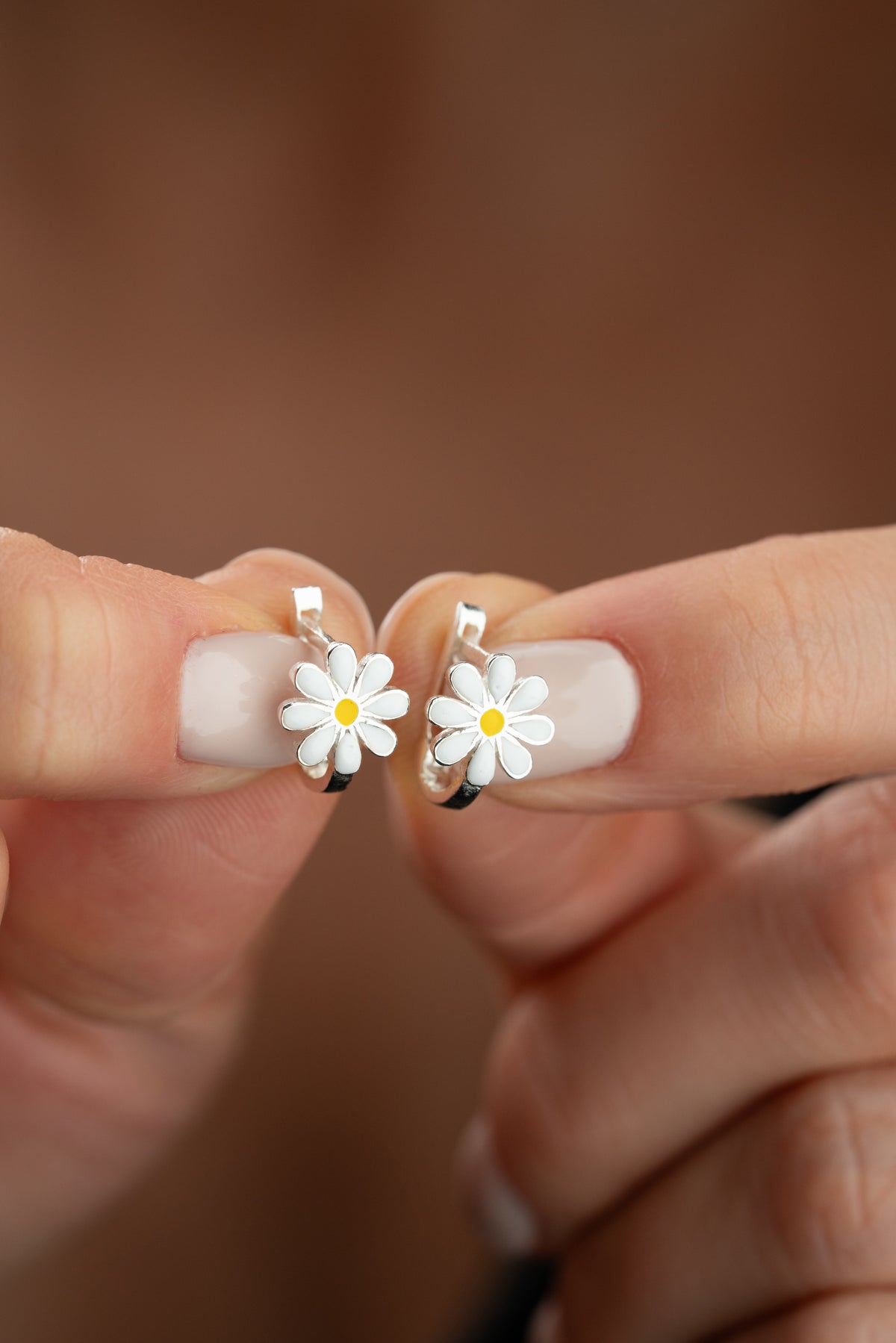 White Daisy Enamel Huggie Earrings
