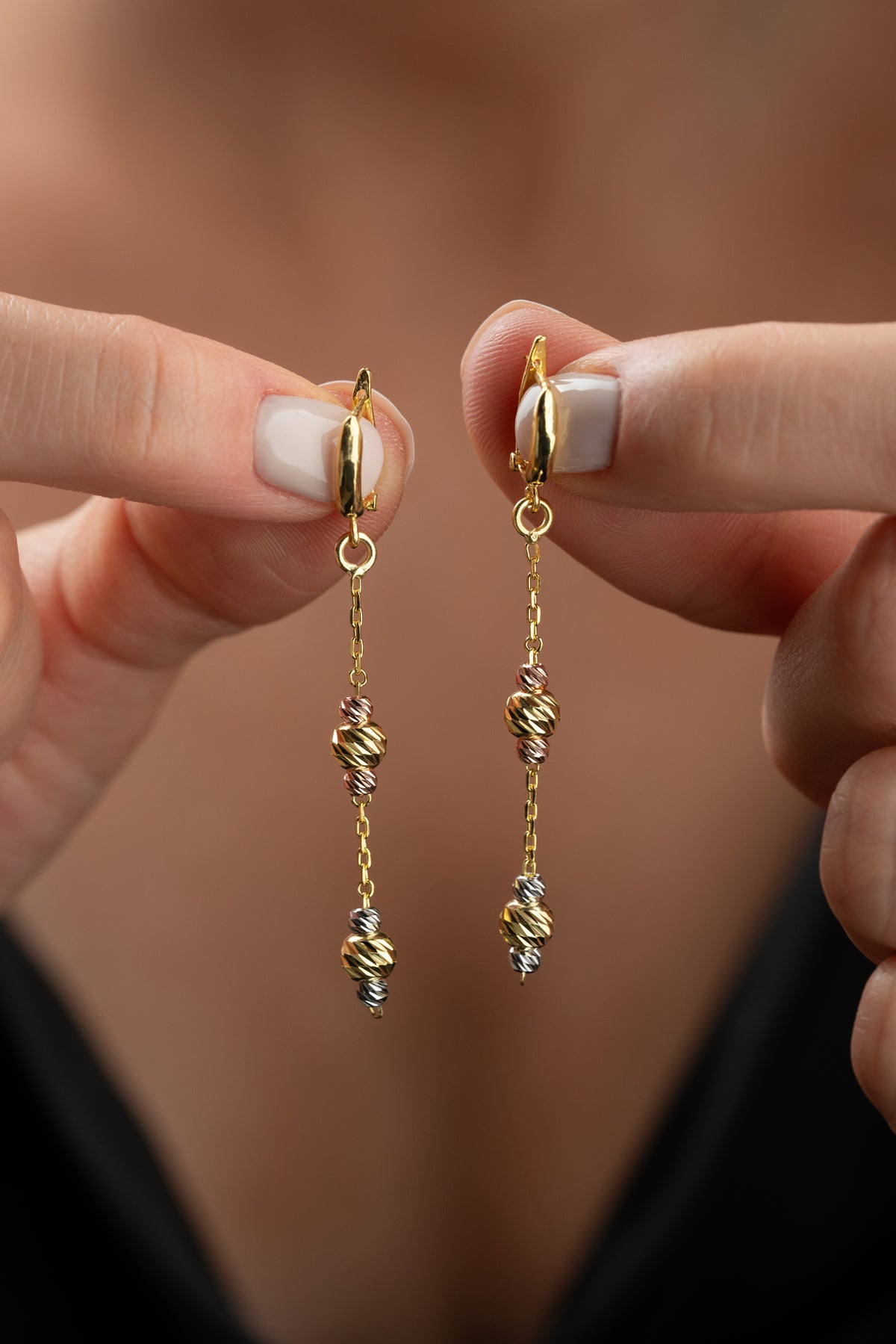 Tri-Tone Gold Bead Drop Earrings