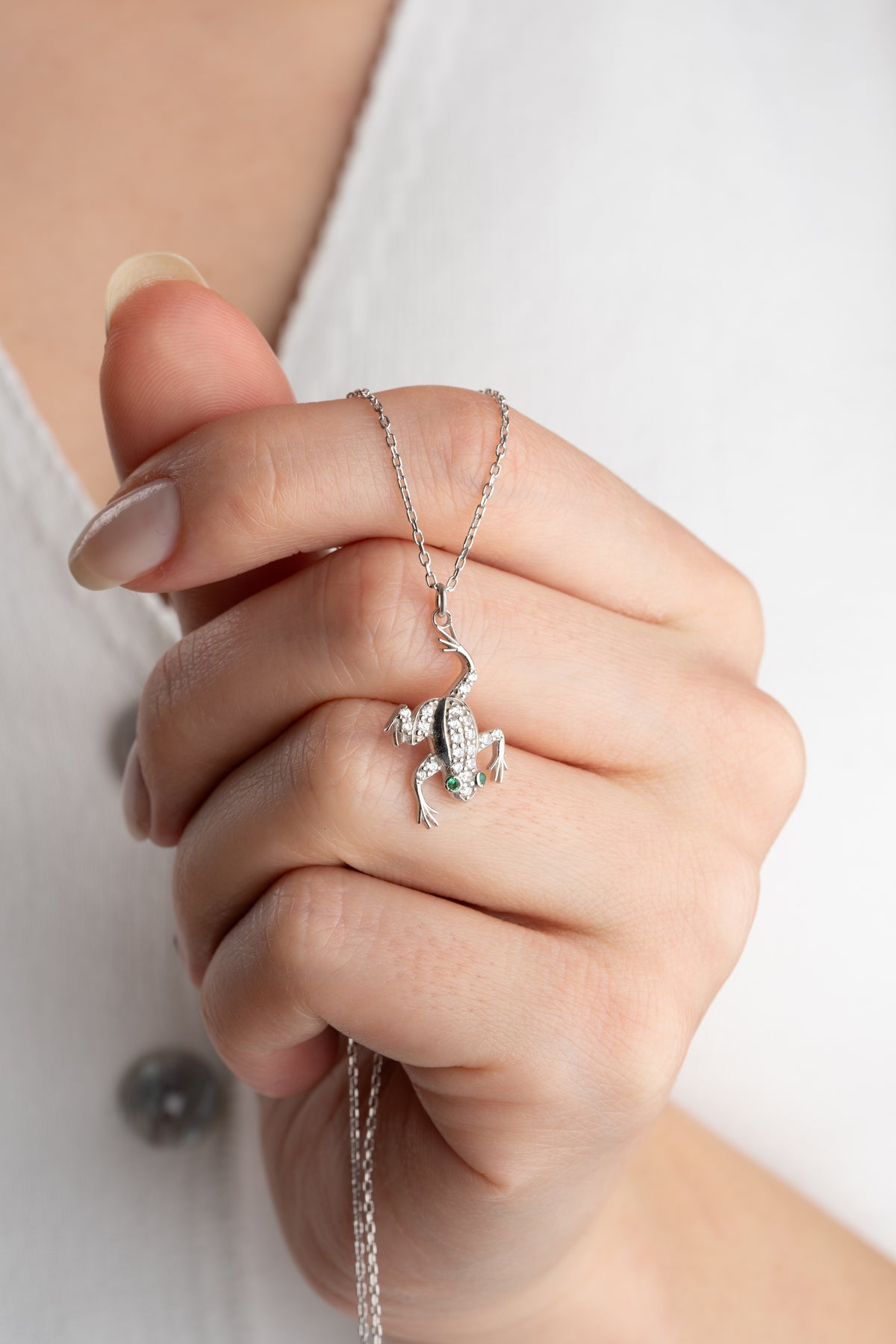 Pave Frog Charm Necklace in Silver