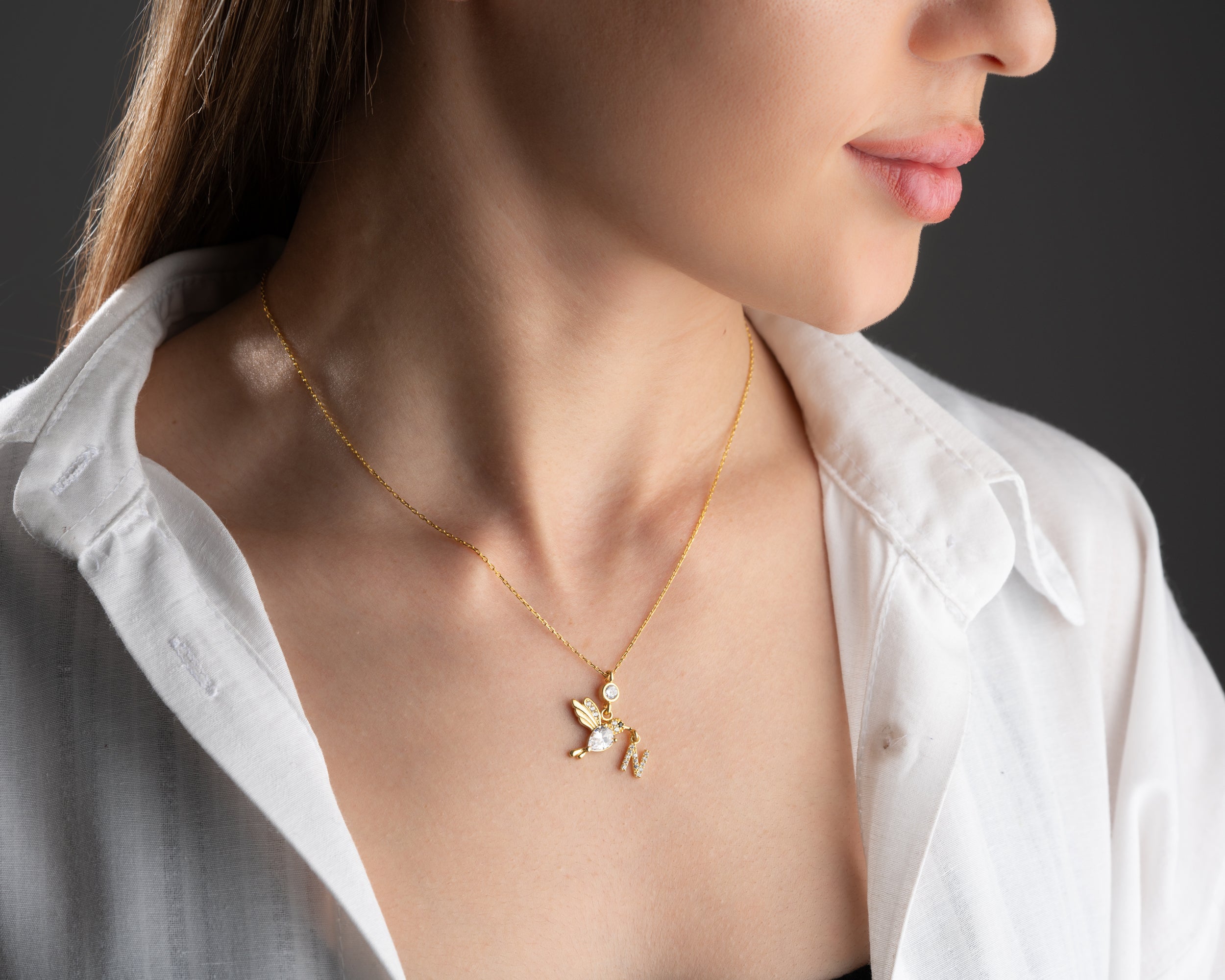 Custom Hummingbird Initial Birthstone Necklace