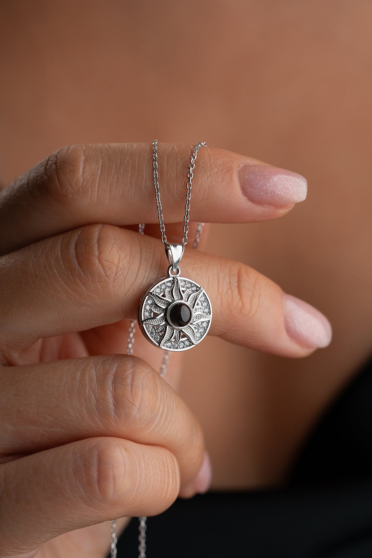 Sun Medallion Necklace with Black Stone