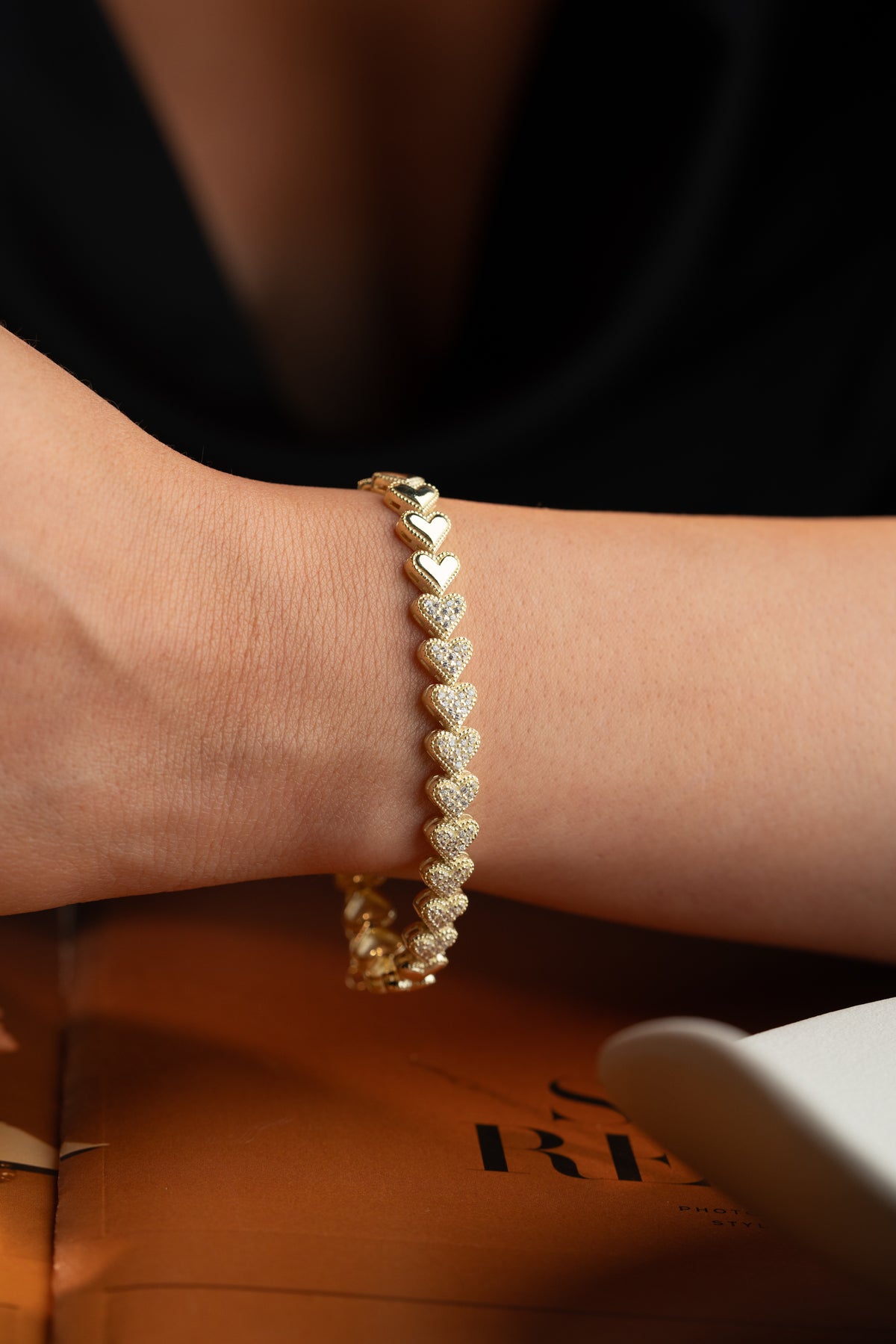 Pave Heart Link Chain Bracelet