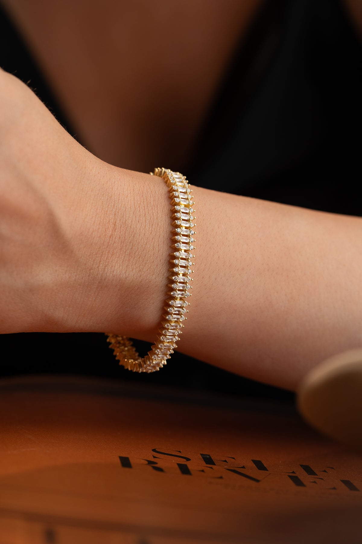 Baguette Crystal Tennis Bracelet in Gold
