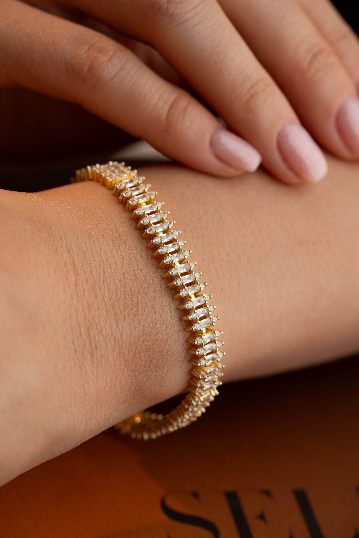 Baguette Crystal Tennis Bracelet in Gold