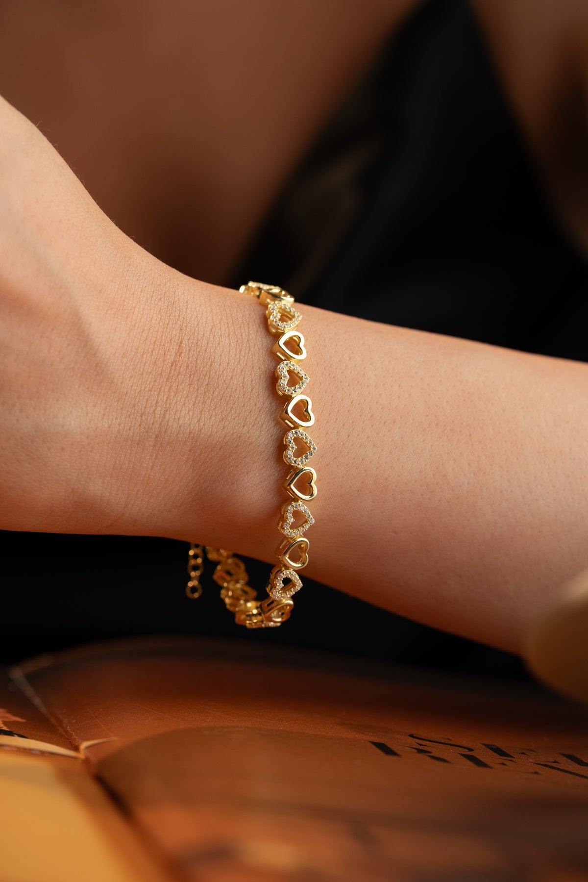 Pave Heart Link Bracelet in Gold