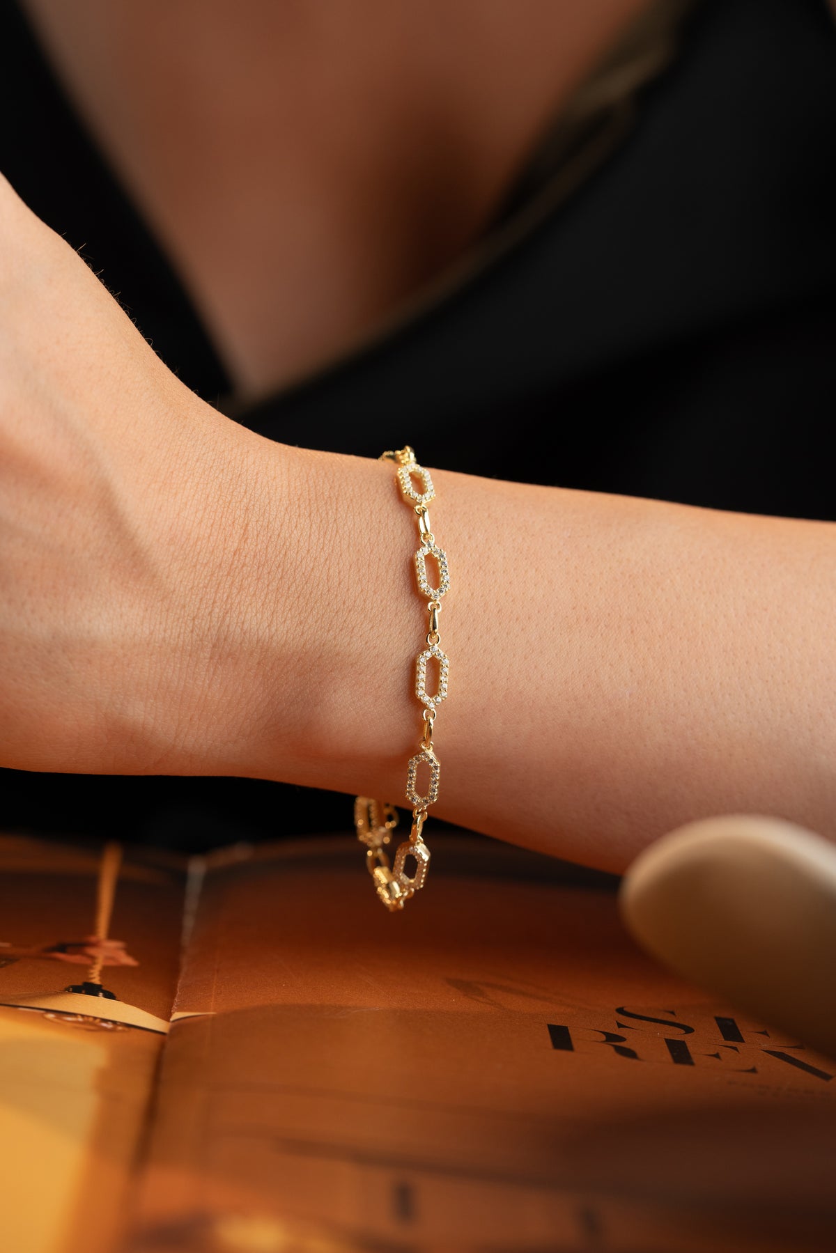 Pave Crystal Hexagon Link Bracelet in Gold