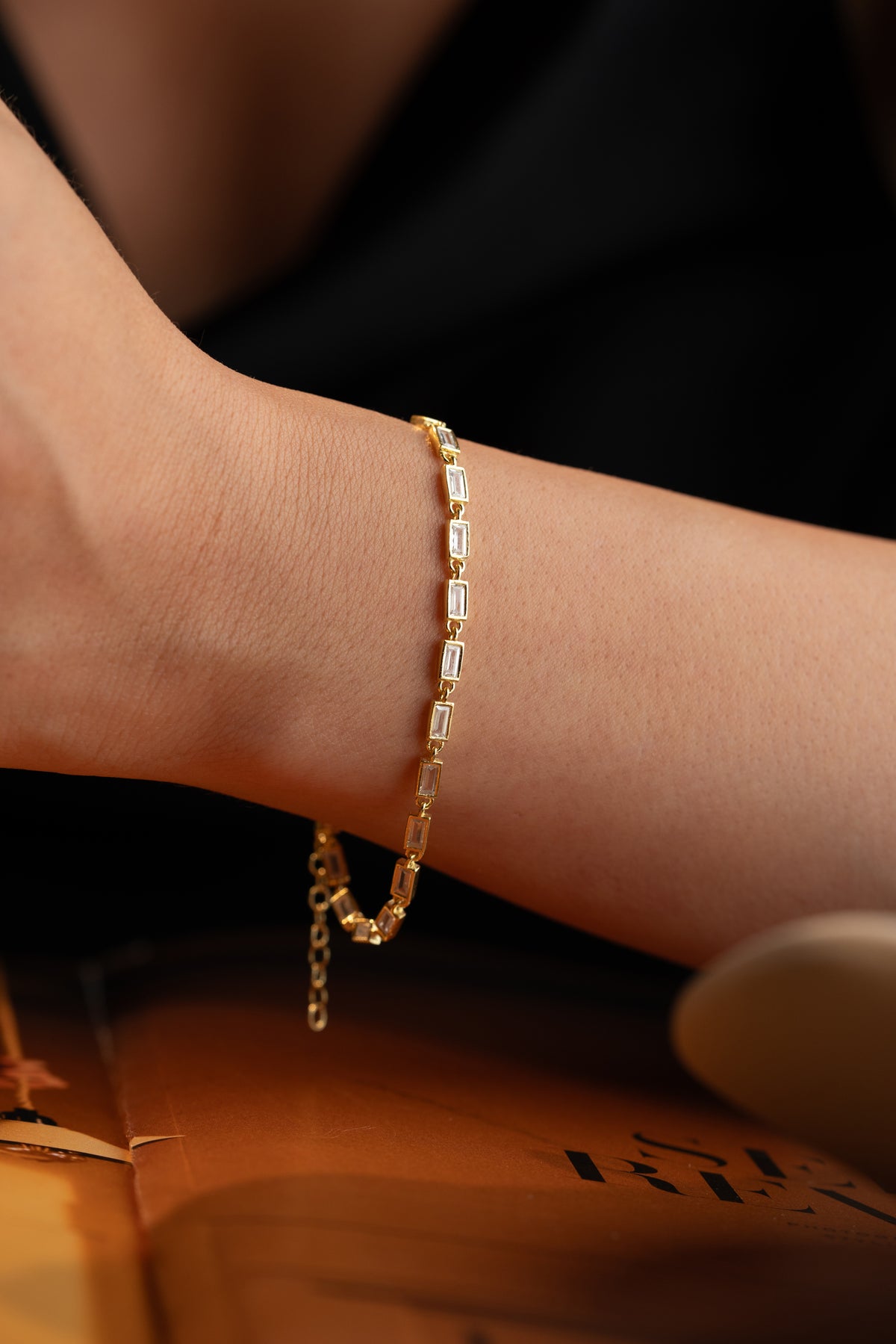 Baguette Crystal Tennis Bracelet in Gold