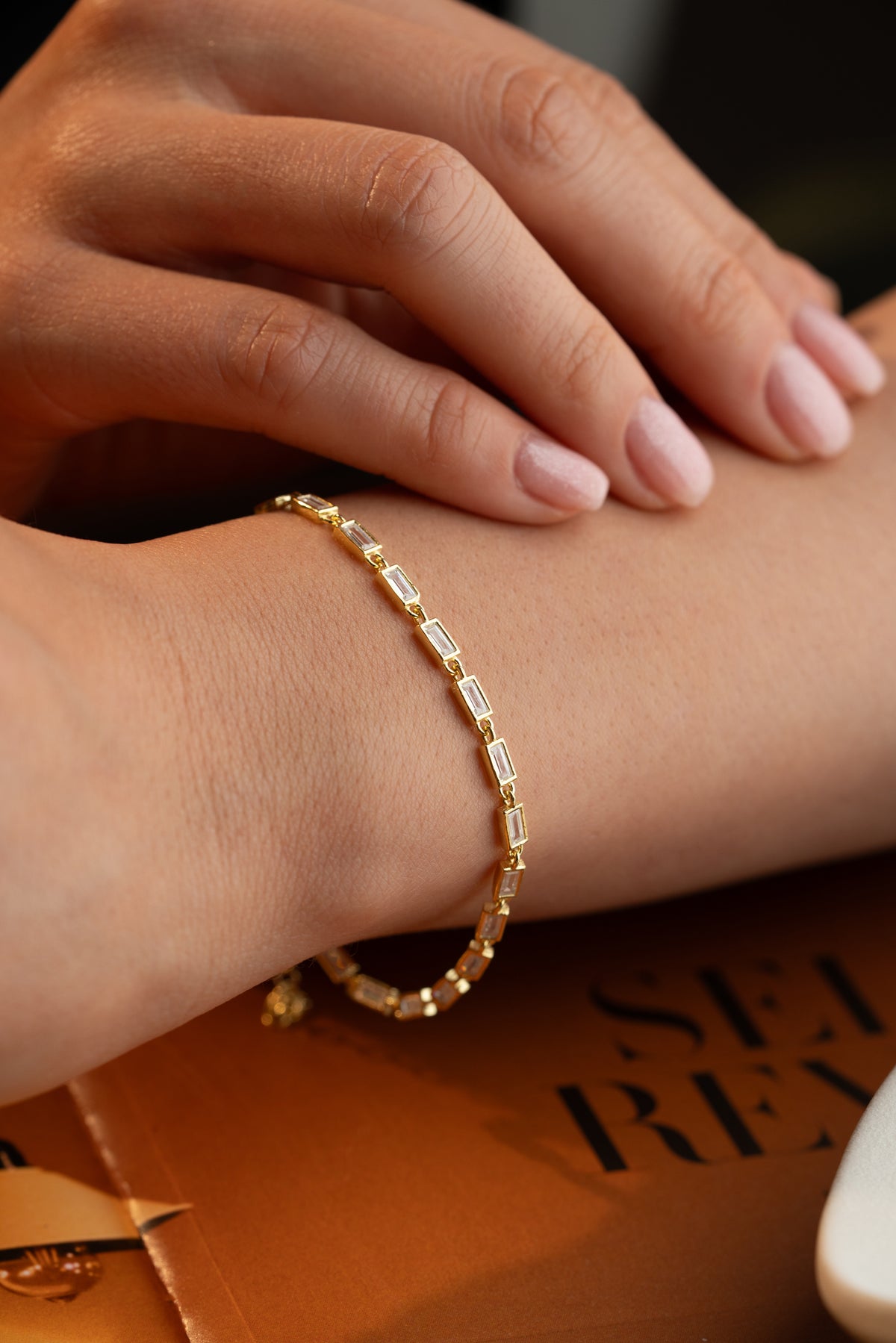 Baguette Crystal Tennis Bracelet in Gold