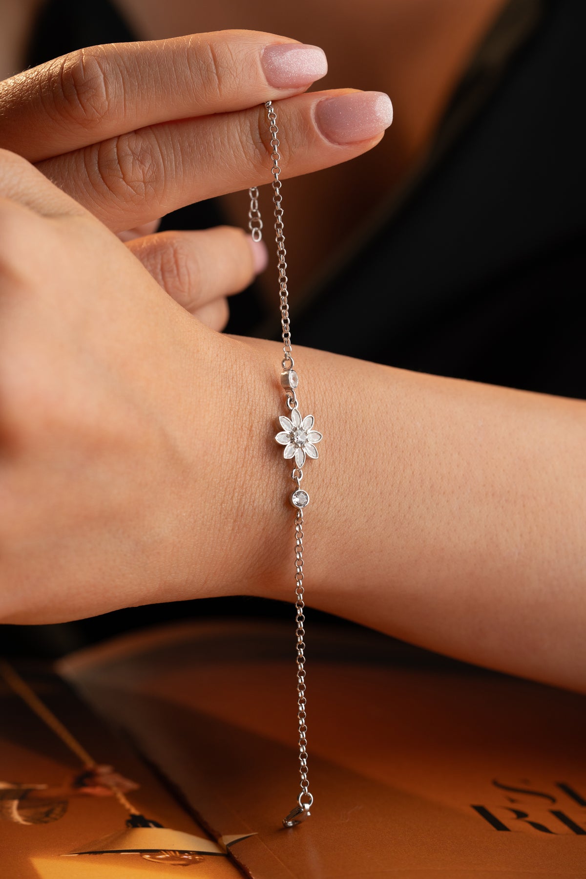Crystal Flower Charm Bracelet in Silver