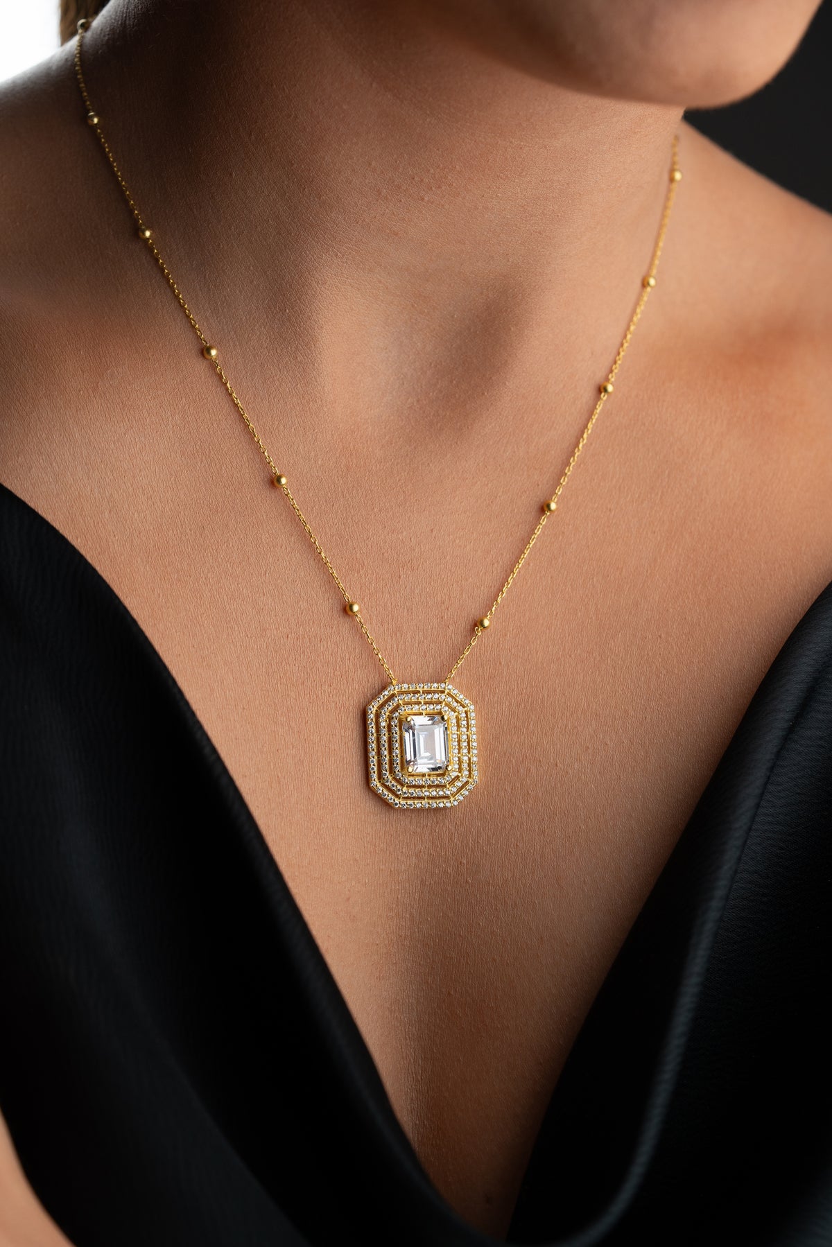 Emerald Cut Halo Pendant Necklace