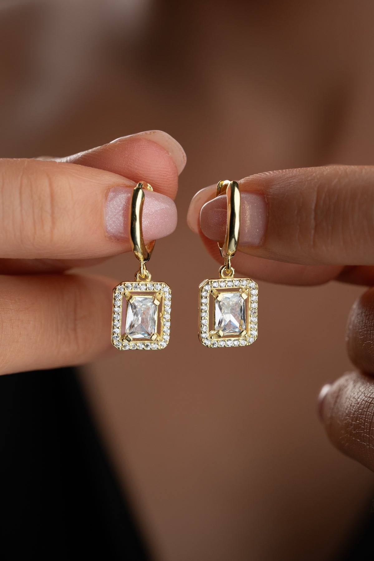 Emerald Cut Crystal Halo Earrings